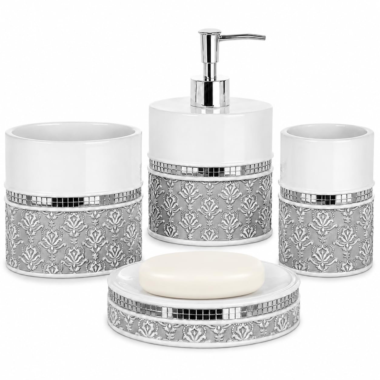 Mirror Damask 4 Piece Resin Bathroom Accessories Set
