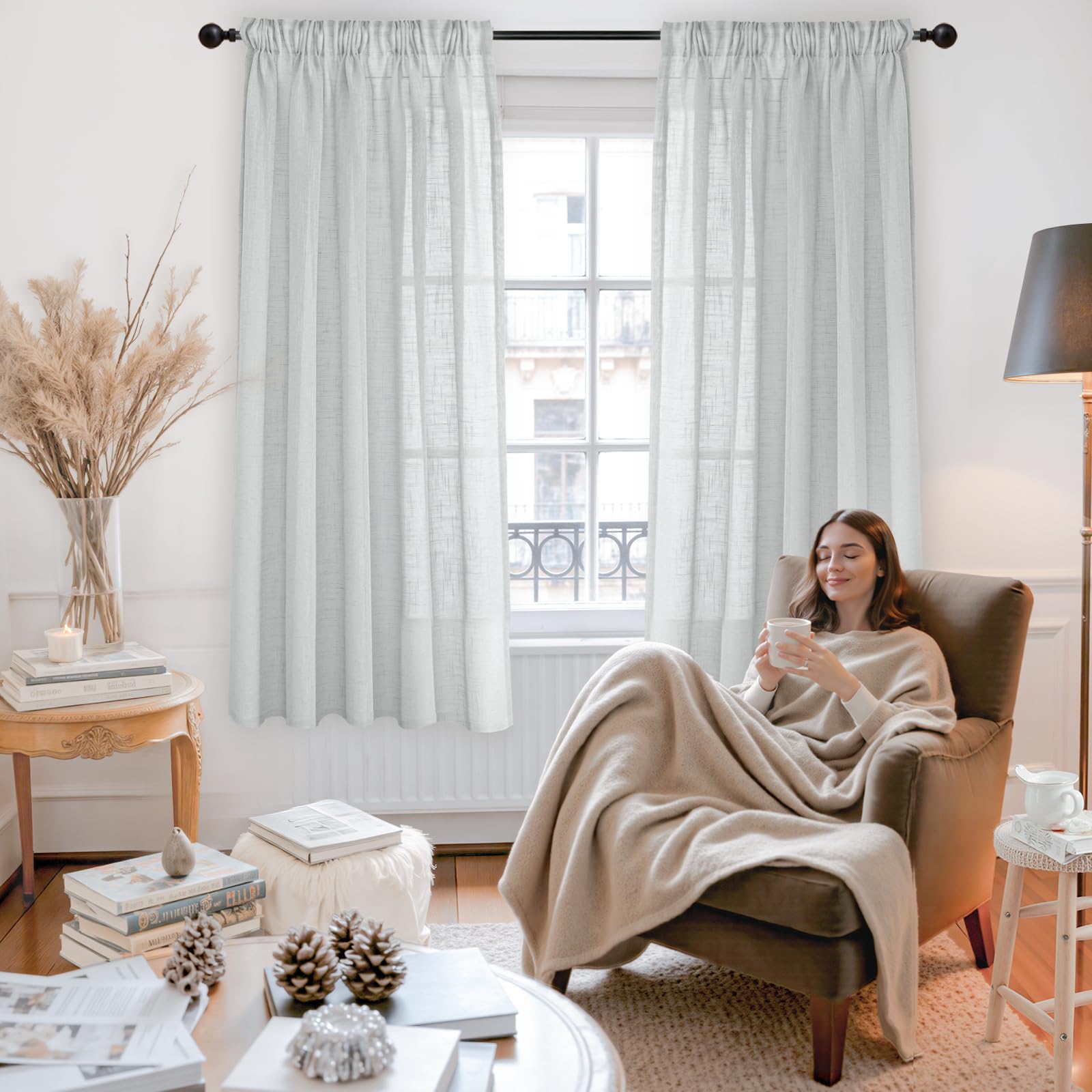 Light Grey Linen Curtains 63 Inch Length for Living Room (2 Count)