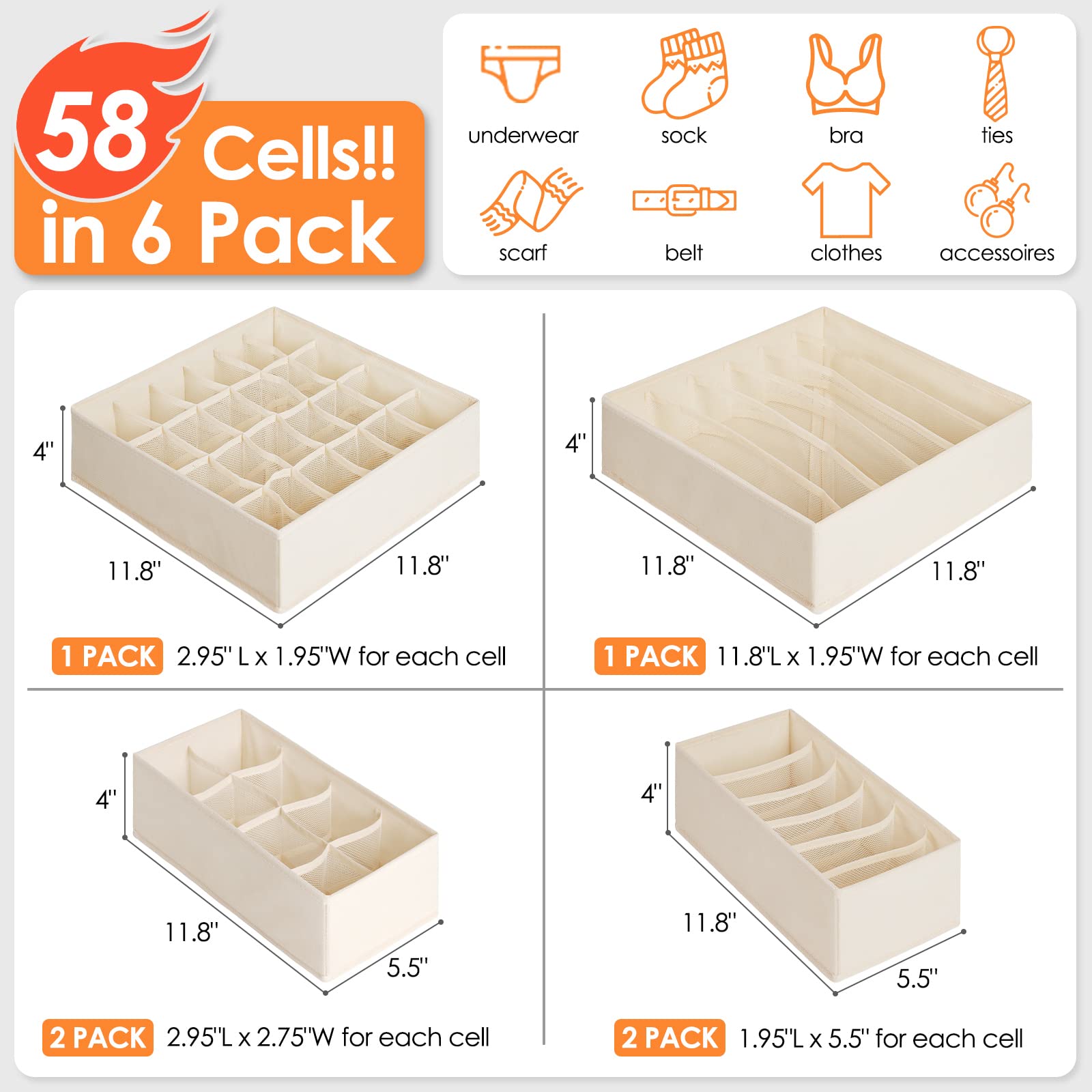 6 Pack Sock Underwear Drawer Organizer Dividers (6 Count)