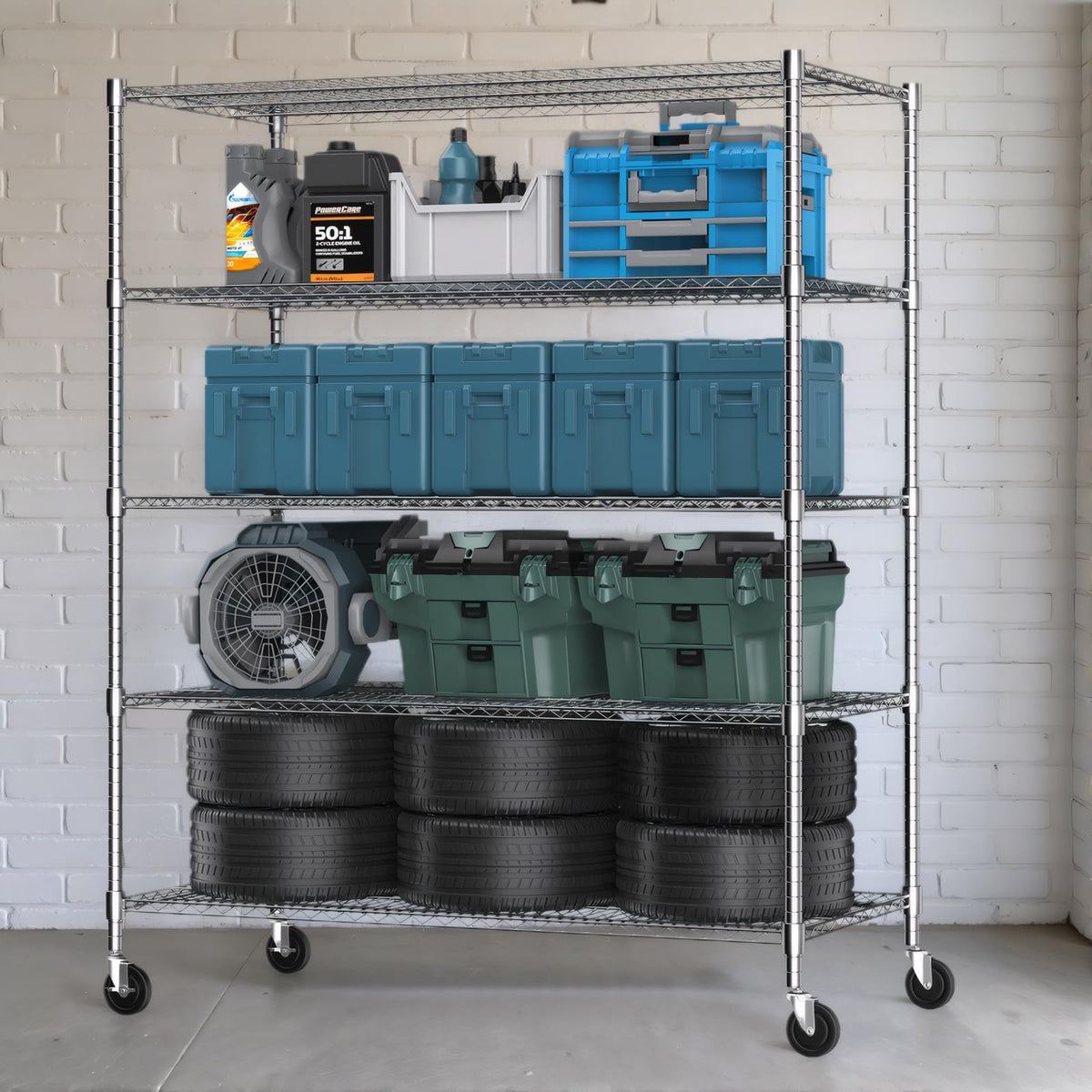 5 Tier Wire Shelving with Wheels Heavy Duty Height Adjustable Metal Shelves for Storage (5 Count)