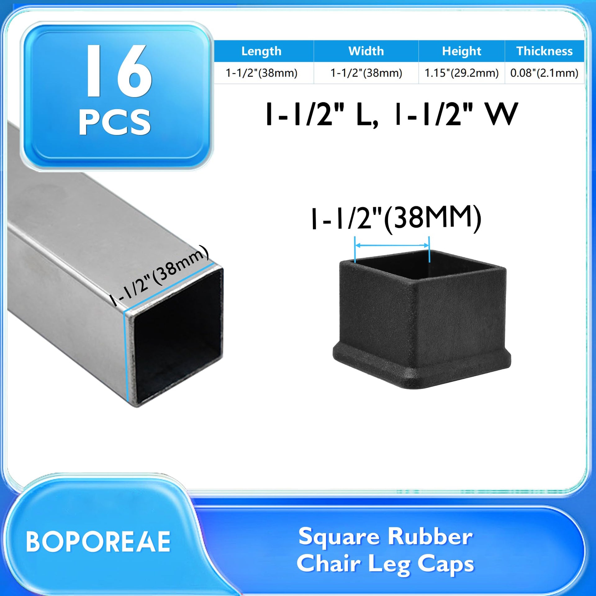 16 Pcs 1-1/2" x 1-1/2" Black Square Rubber Chair Leg Caps (16 Count)