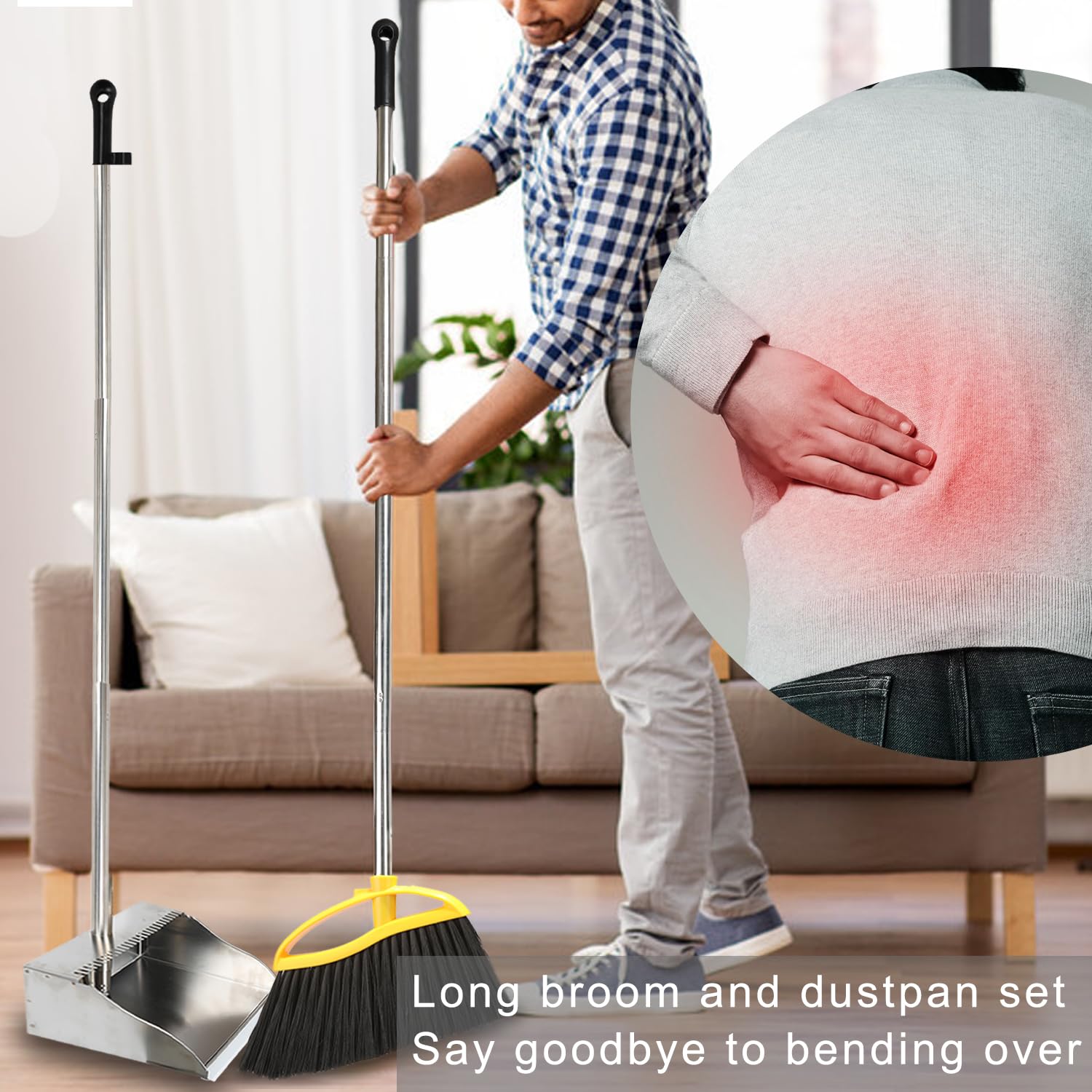 Broom and Stainless Steel Dustpan Set for Home