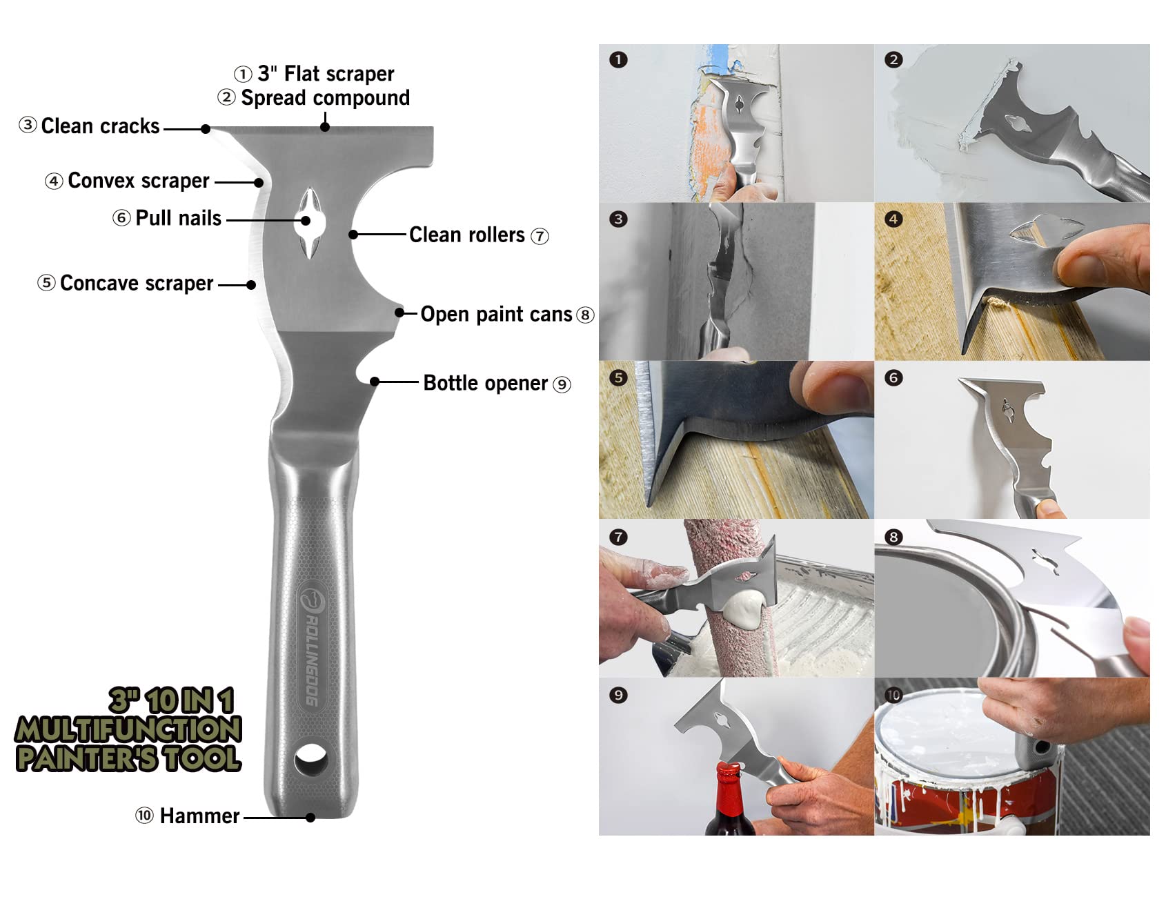 10 in 1 Painter's Tool Mirror Polished One Piece Blade