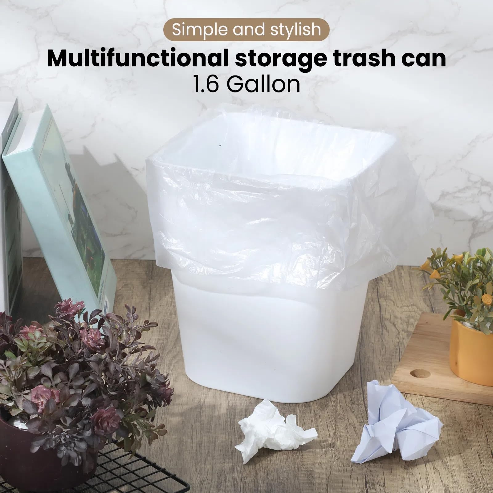 6 Pack Plastic Trash Can with 3 Rolls of Trash Bags Small Wastebasket Can Garbage Container Bin (6 Count)