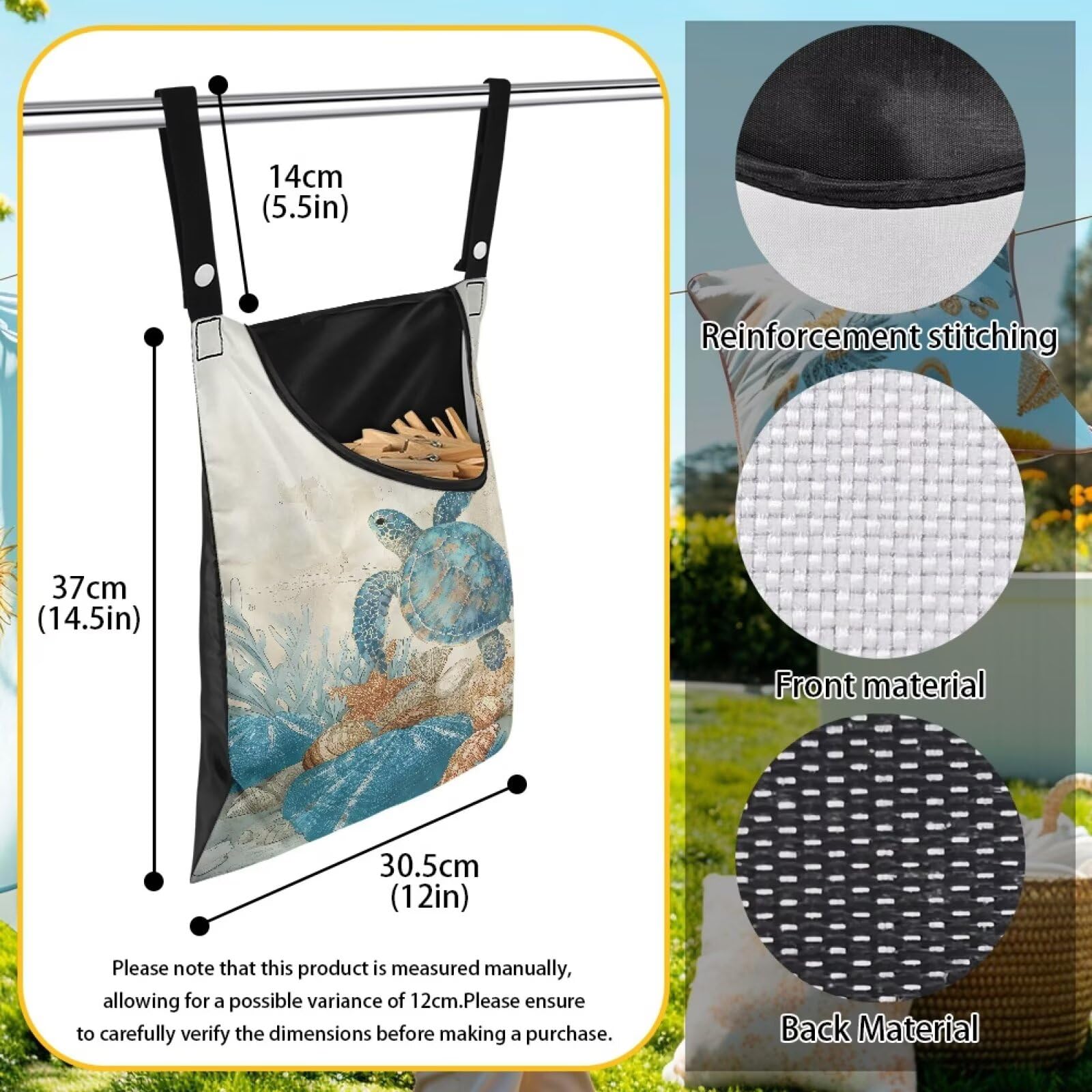 Blue Sea Turtle Clothespin Bag with Hanging Hook Clothes Pin Holder Waterproof Clothespin Storage Organizer with Large Opening Clothespin Bag for Clothesline Outdoor