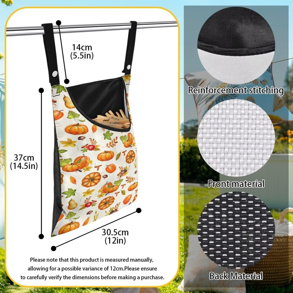 Pumpkin Print Clothespin Bag with Hanging Rope Space
