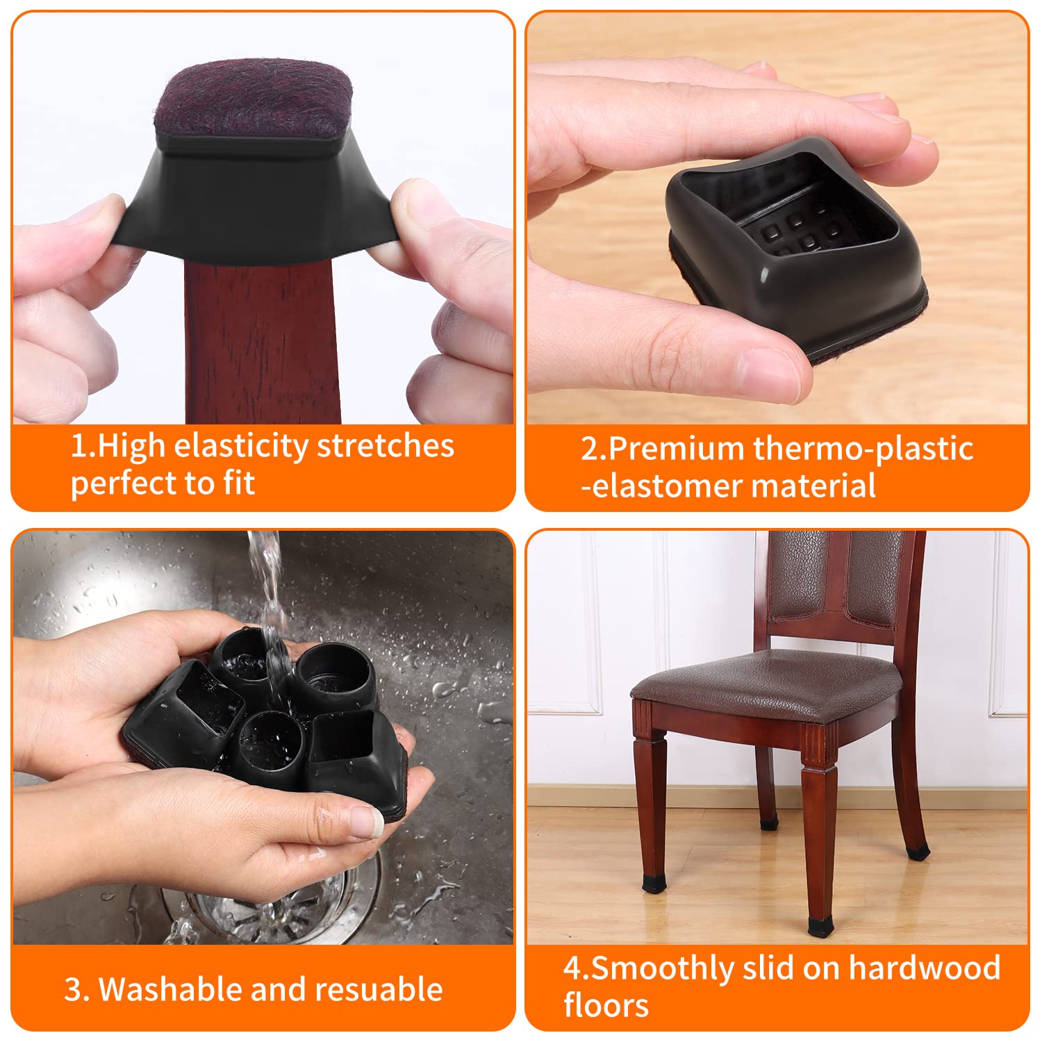 24 Pcs Black Square Chair Leg Floor Protectors with Felt (24 Count)