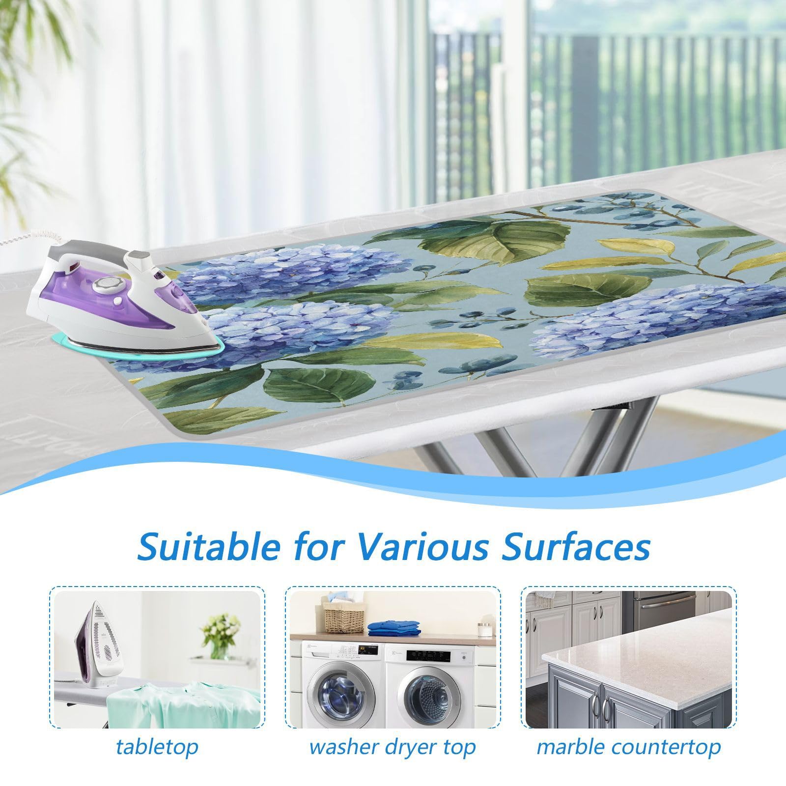 Watercolor Blue Hydrangea Ironing Mat Thickened Ironing Blanket Travel Portable Double