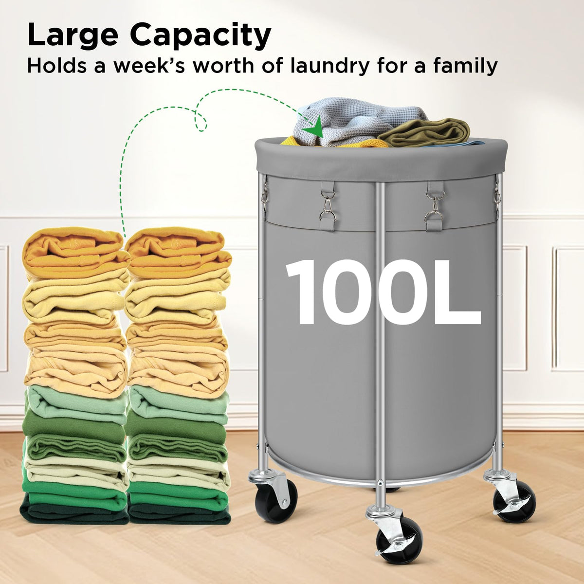 100L Round Rolling Laundry Hamper Basket with Wheels