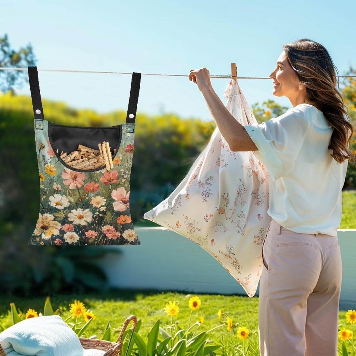 Wild Daisy Waterproof Clothespin Bag with Hanging Hook