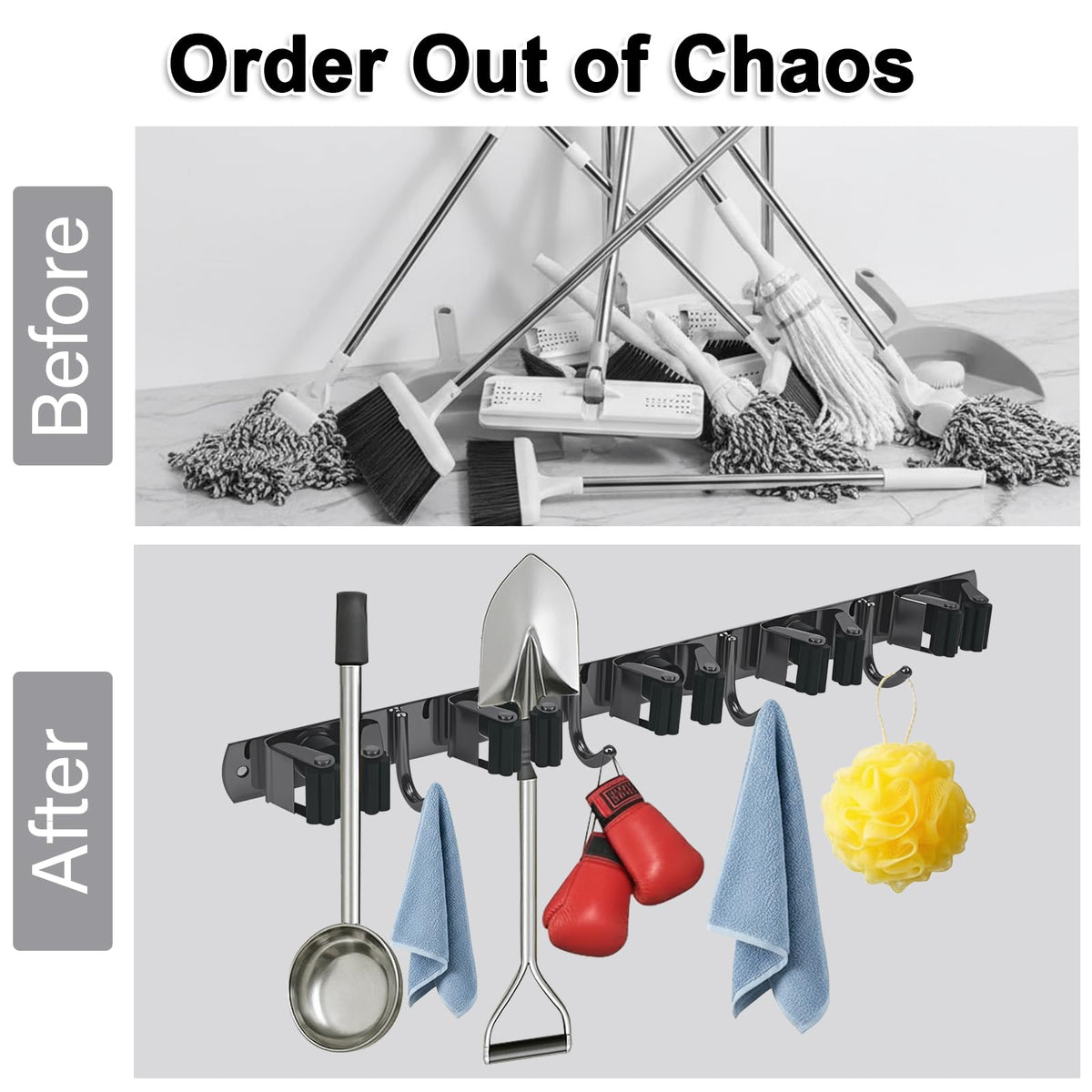SUS304 5 Racks and 4 Hooks Mop and Broom Holder Wall Mount