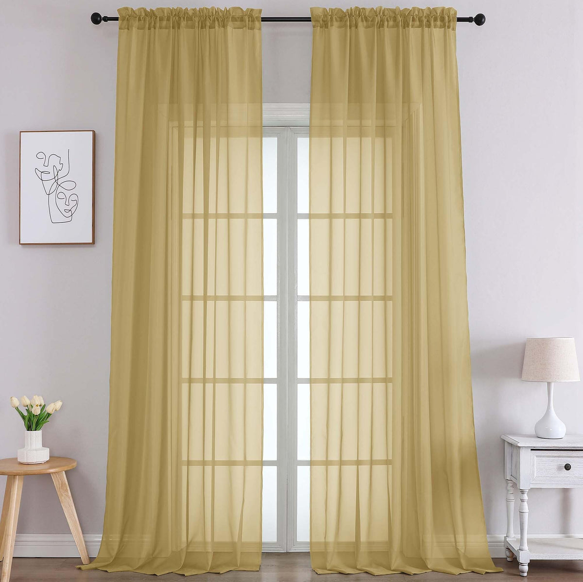 Extra Long Gold Sheer Curtains 108 Inches Long 2 Panels (2 Count)