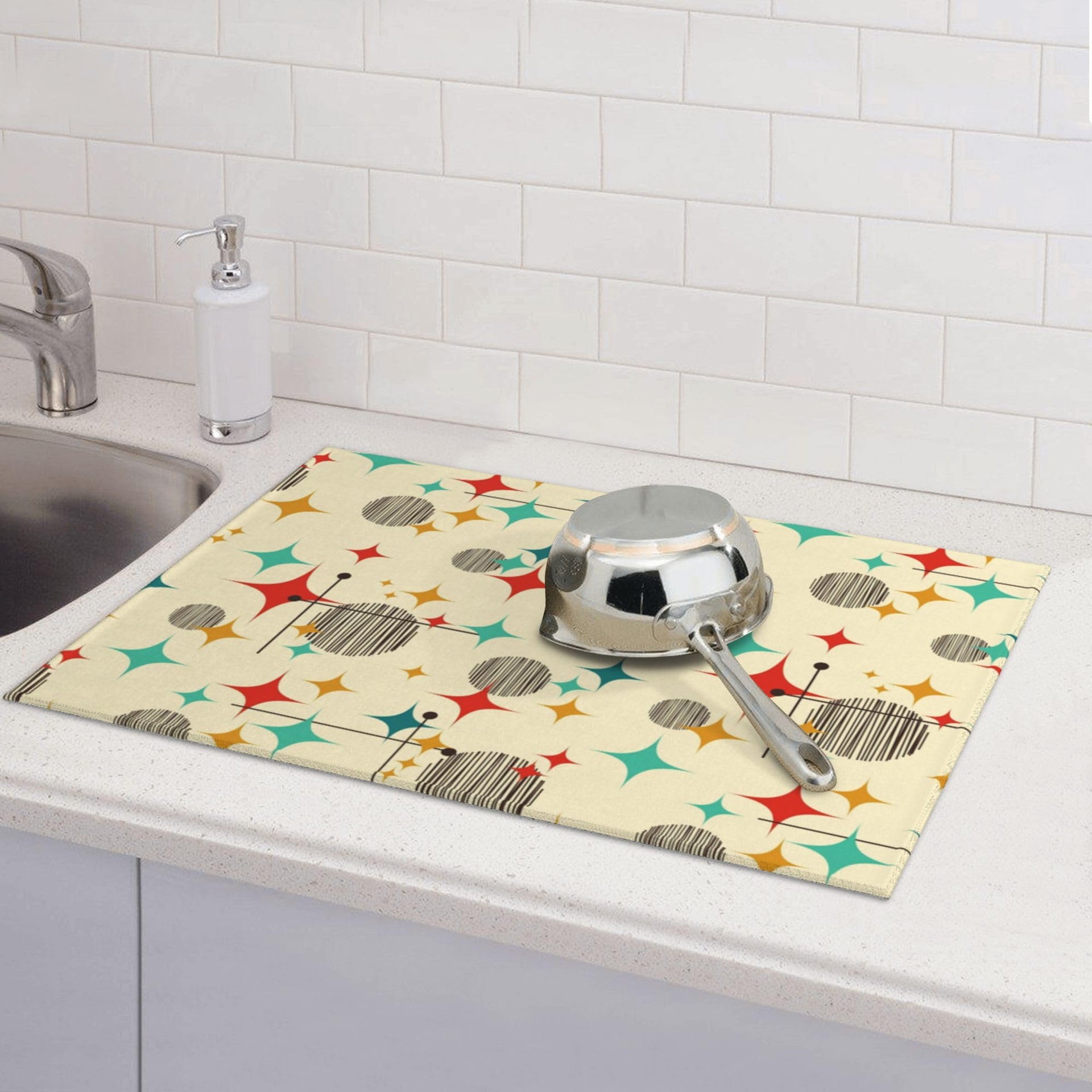 Mid Century Modern Atomic Retro Dish Drying Mat for Kitchen Counter