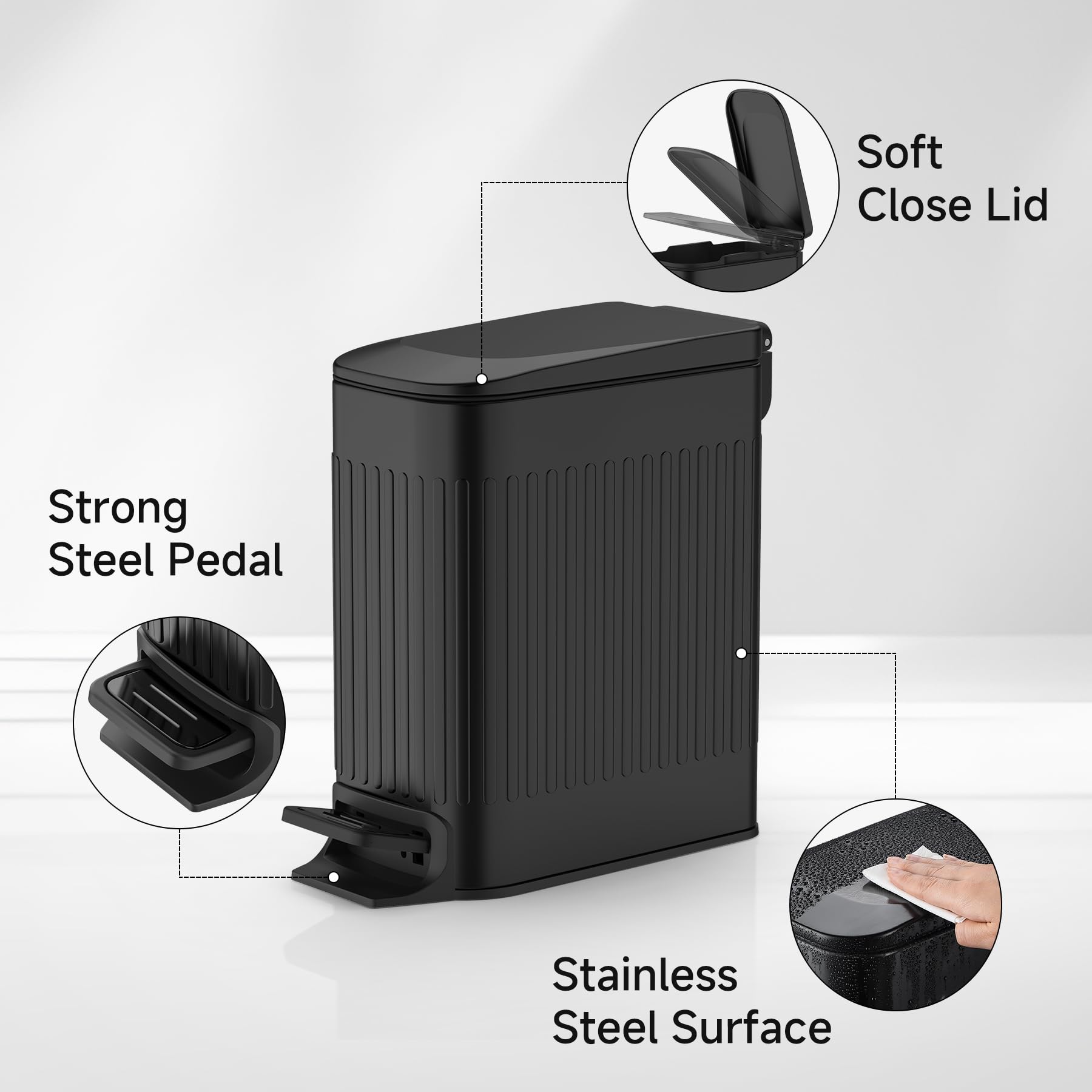 Slim Bathroom Trash Can with Lid Soft Close