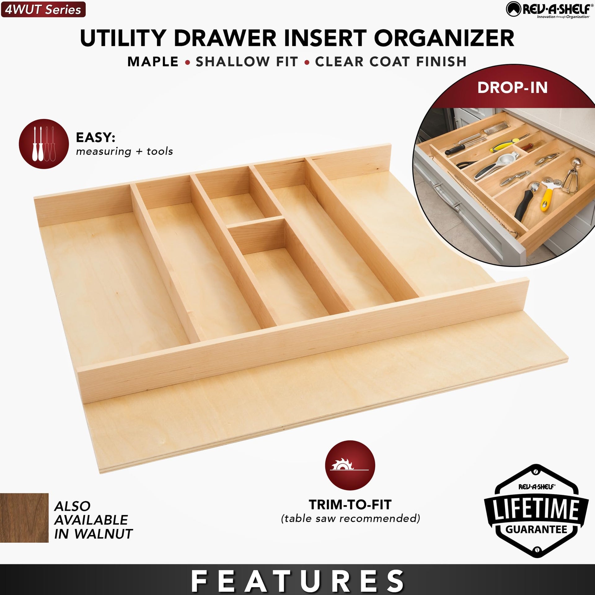Trim-to-Fit Shallow Drawer Organizer For Kitchen Utensils, Cutlery Cabinet Storage Divider Insert, 23.98 x 21.97 In, Maple Wood, 4WUT-3SH