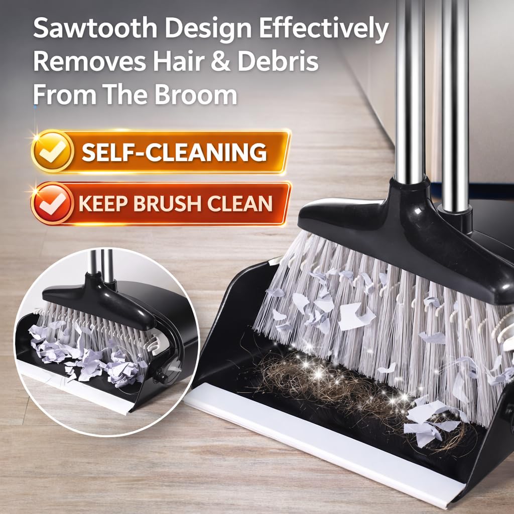 Broom and Dustpan Set with Long Handle and 6 Bonus Cleaning Tools