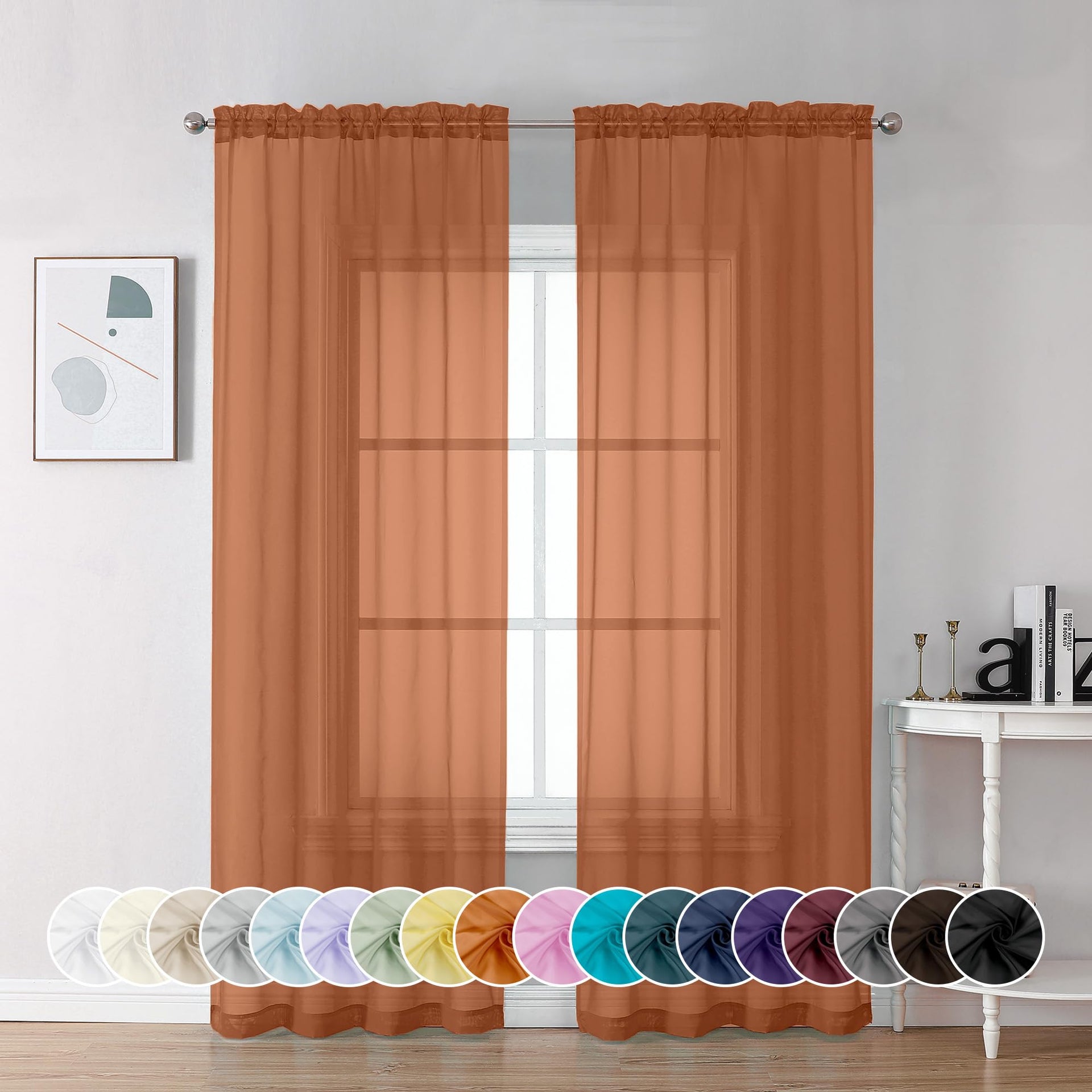 Burnt Orange Sheer Curtains 84 Inch Length 2 Panels (2 Count)