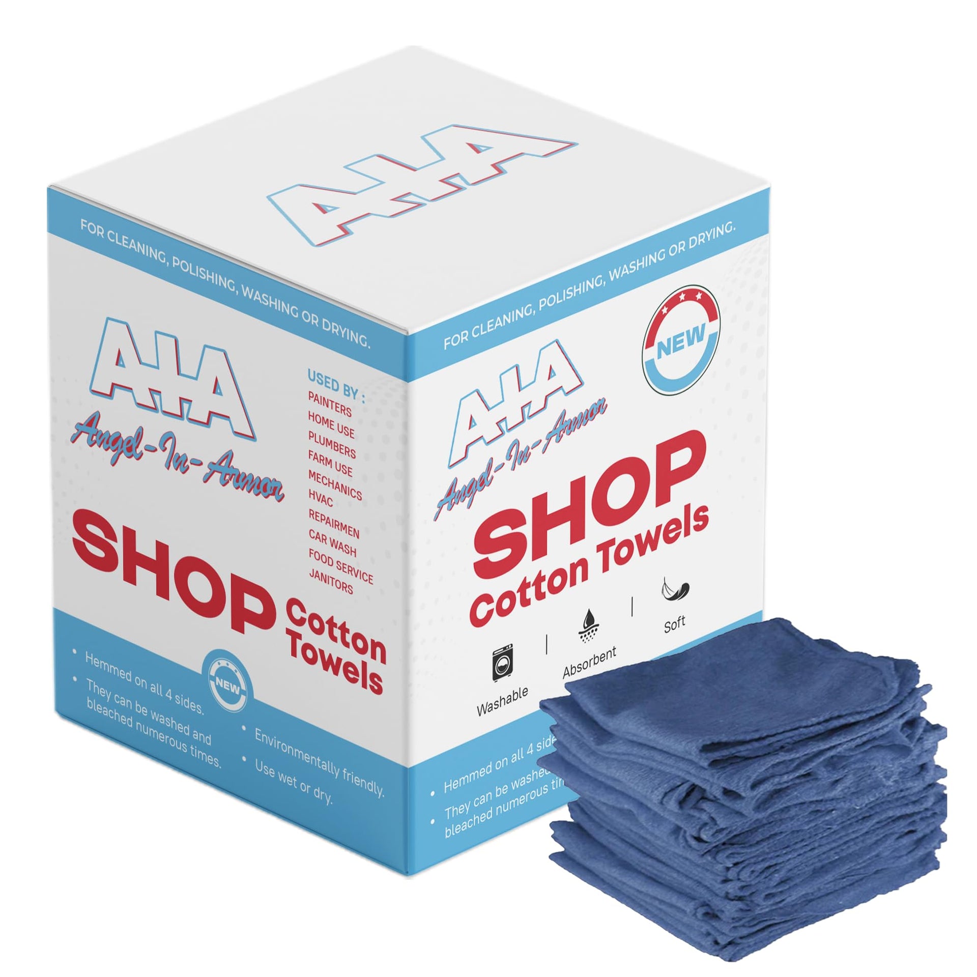 Angel-in-Armor Blue Shop Towels (14”x14”) – 500 Unit Box of Lint-Free Cotton Shop Towel Cleaning Rags – Durable Shop Rags for Auto, Garage, Industrial, and Commercial Use (500 Count)