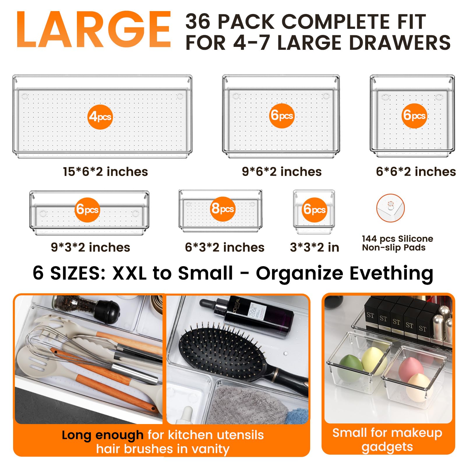 36 Pack Large Clear Plastic Drawer Organizer Bins (36 Count)