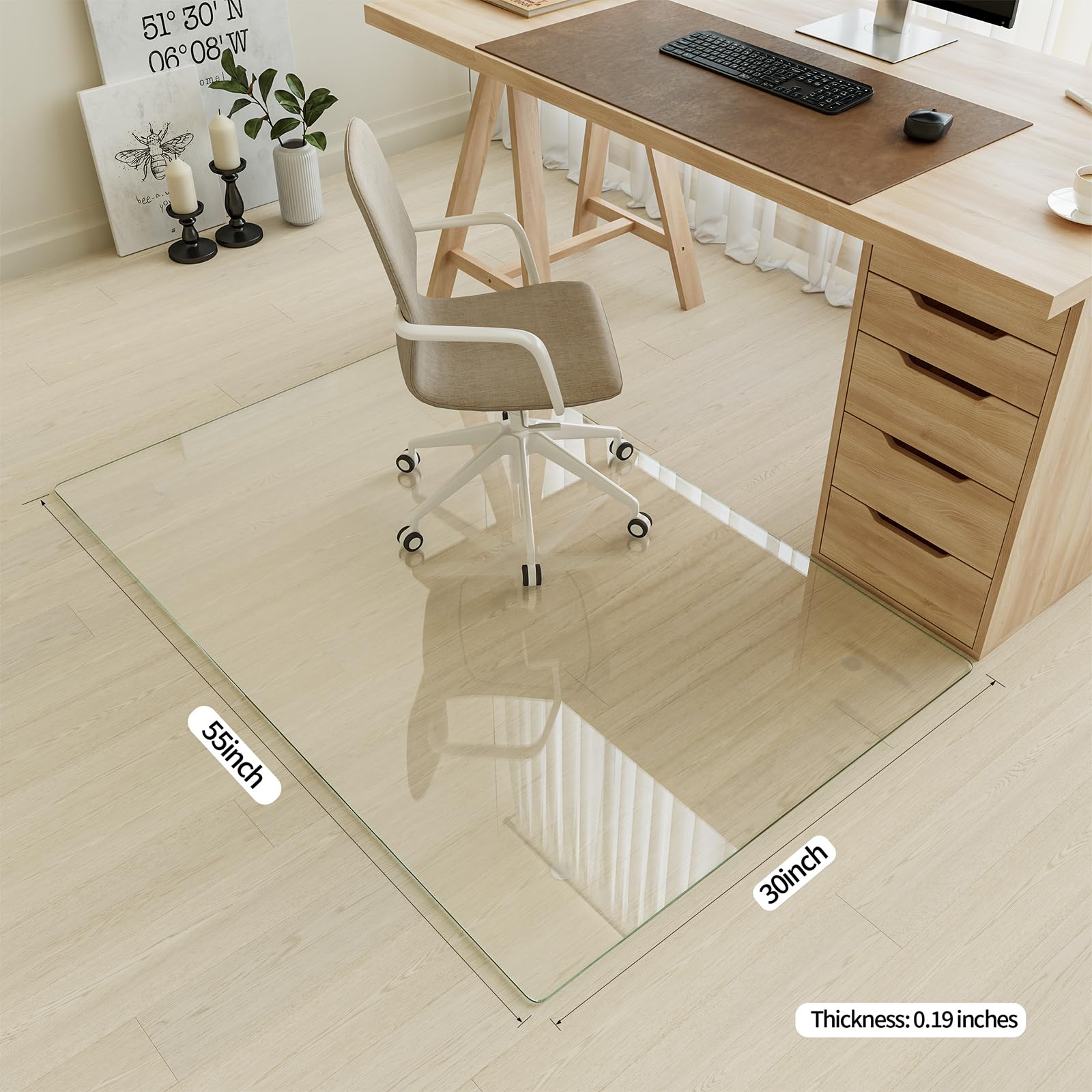 Tempered Glass] 30" x 55" Glass Office Chair Mat for Carpet
