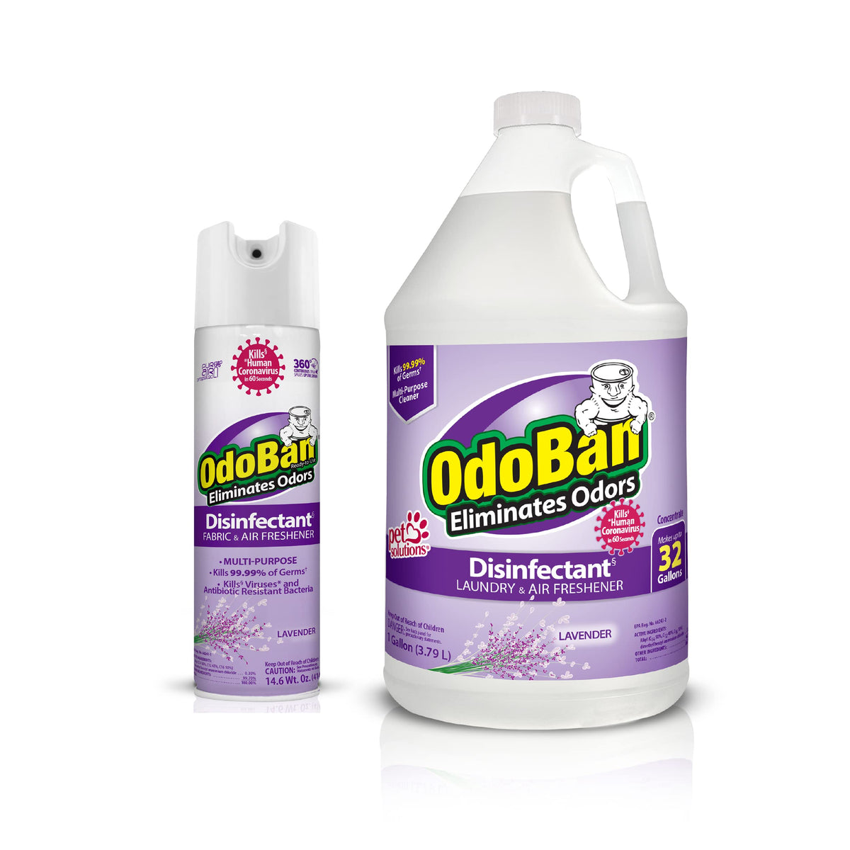 Ready-to-Use Disinfectant and Harsh Aroma Eliminator, Set of 2, 14.6 Ounce 360-Degree Continuous Spray Fabric/Air Freshener and 1 Gallon Multi-Purpose Cleaning Concentrate, Lavender Scent (142.6 Fl Oz)