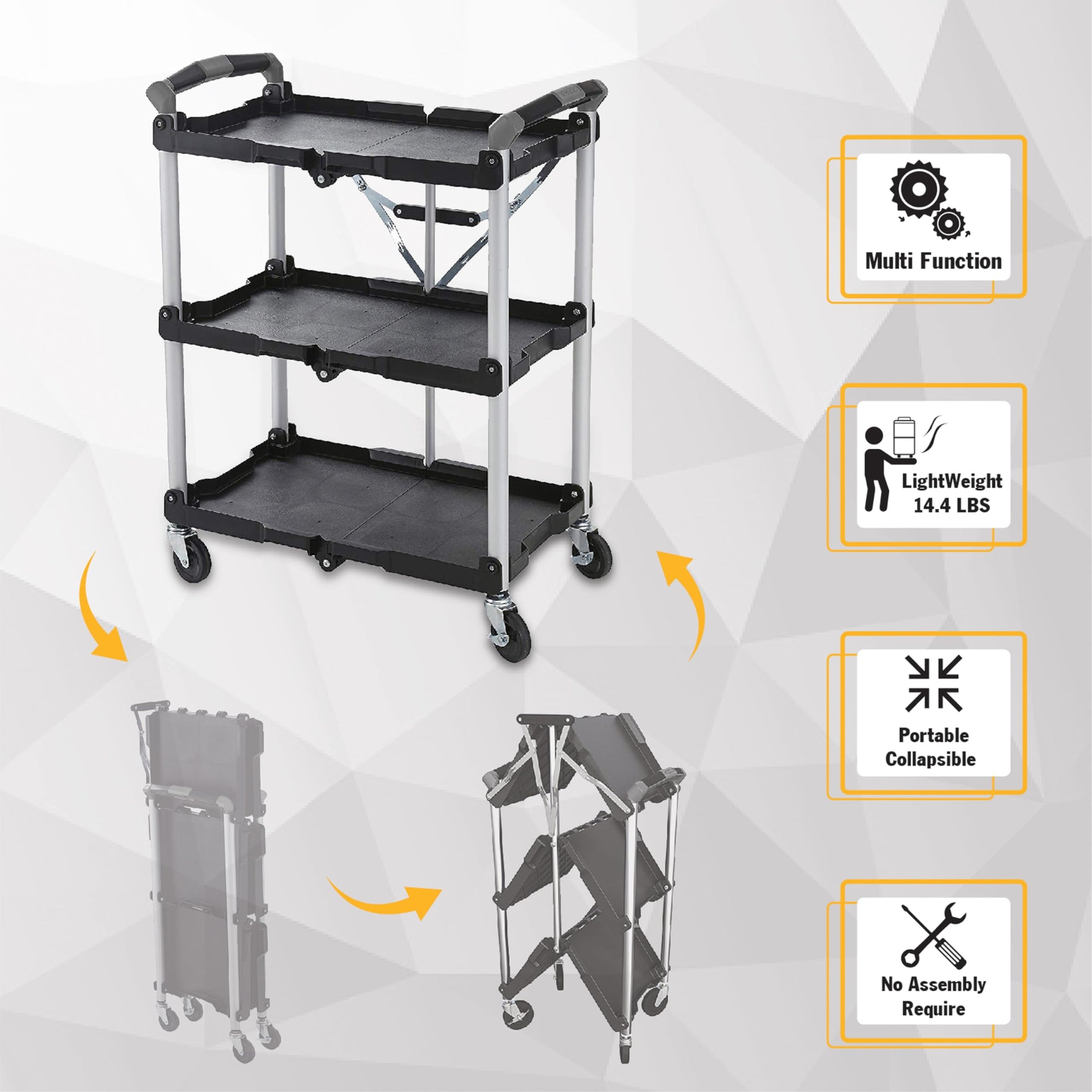 85-188 Pack-N-Roll Folding Collapsible Service Cart, 150LB Capacity, Black