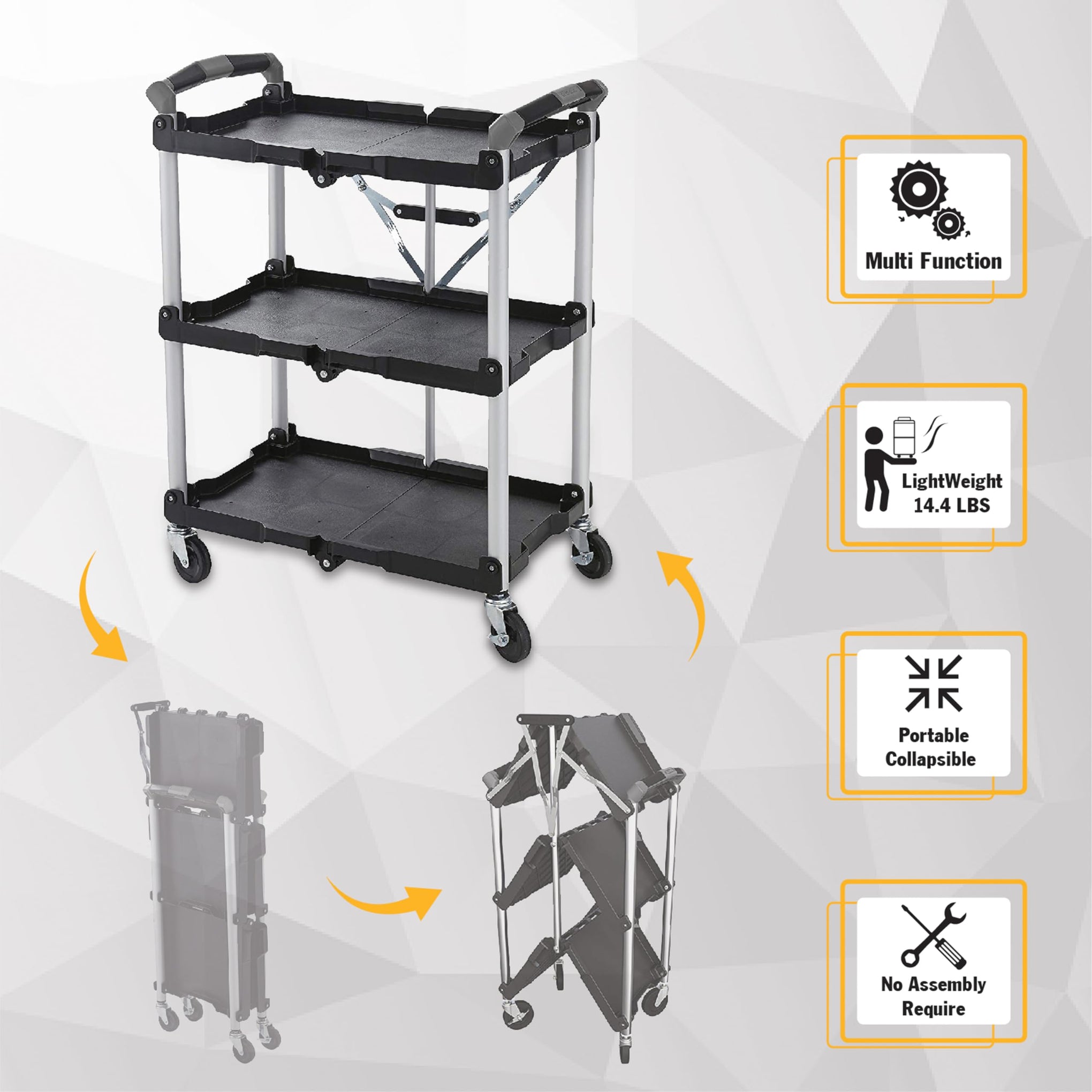 85-188 Pack-N-Roll Folding Collapsible Service Cart, 150LB Capacity, Black