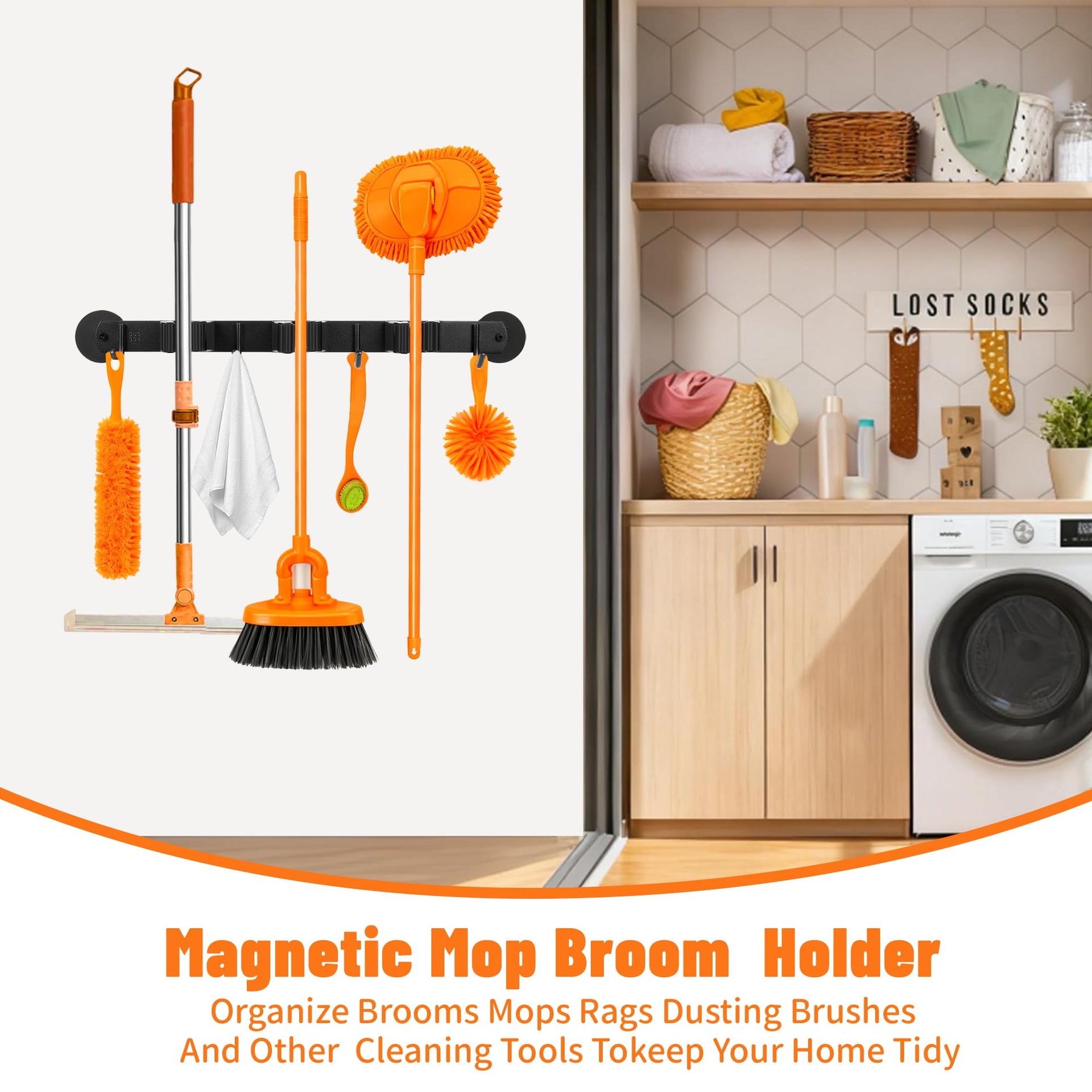 Magnetic Broom Holder Wall Mount with 4 Hooks and 3 Rack