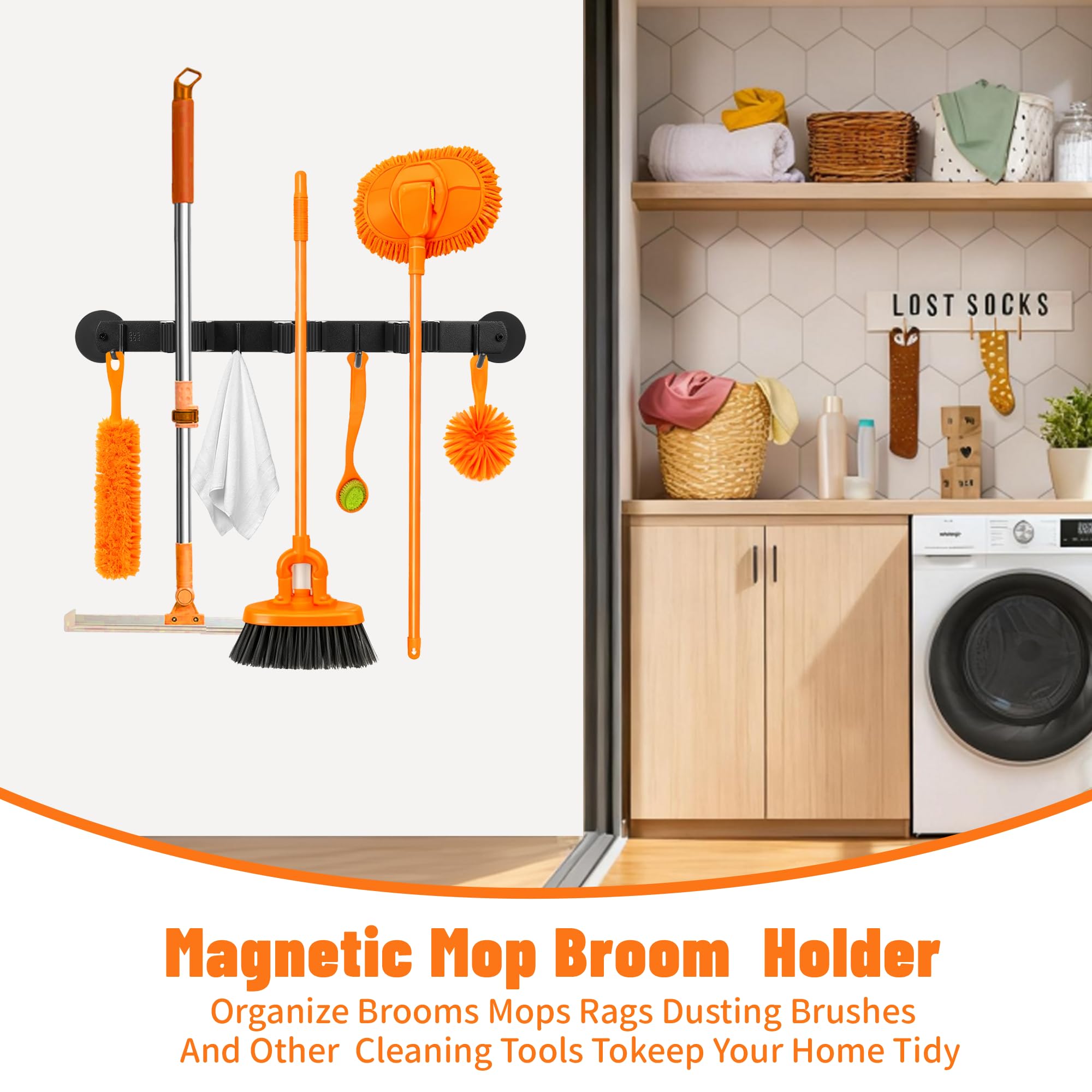 Magnetic Broom Holder Wall Mount with 4 Hooks and 3 Rack
