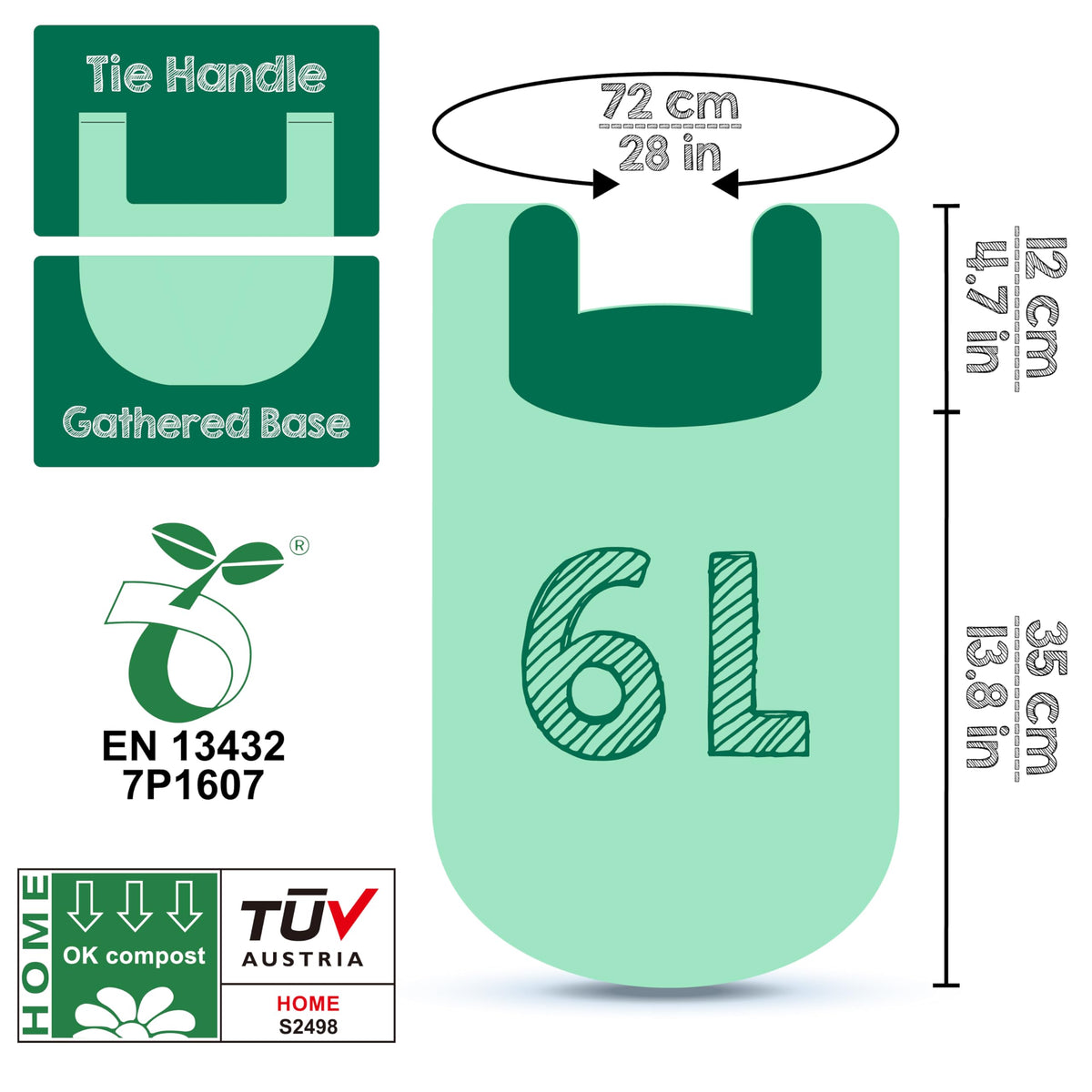 100% Compostable Trash Bags with Tie Handles (150 Count)