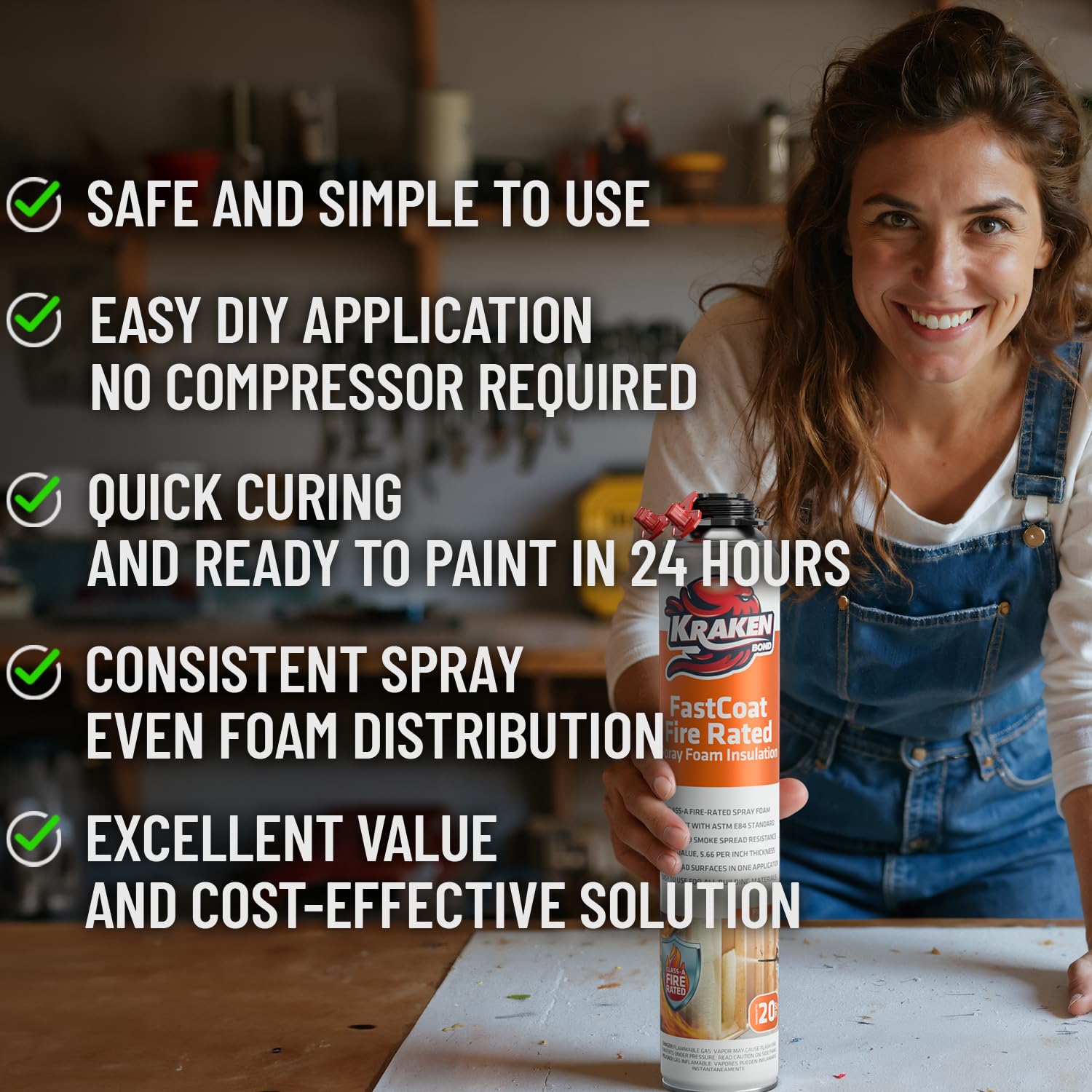 Kraken Bond Fastcoat Fire Rated Spray Foam Insulation Kit Closed Cell in a Can 20 sq ft (1x27.1 oz.) (R-Value 11.32 / 2in) - Spray Foam for Garage Door, Attic, Wall Gun & Cleaner Not Included, 1 Pack