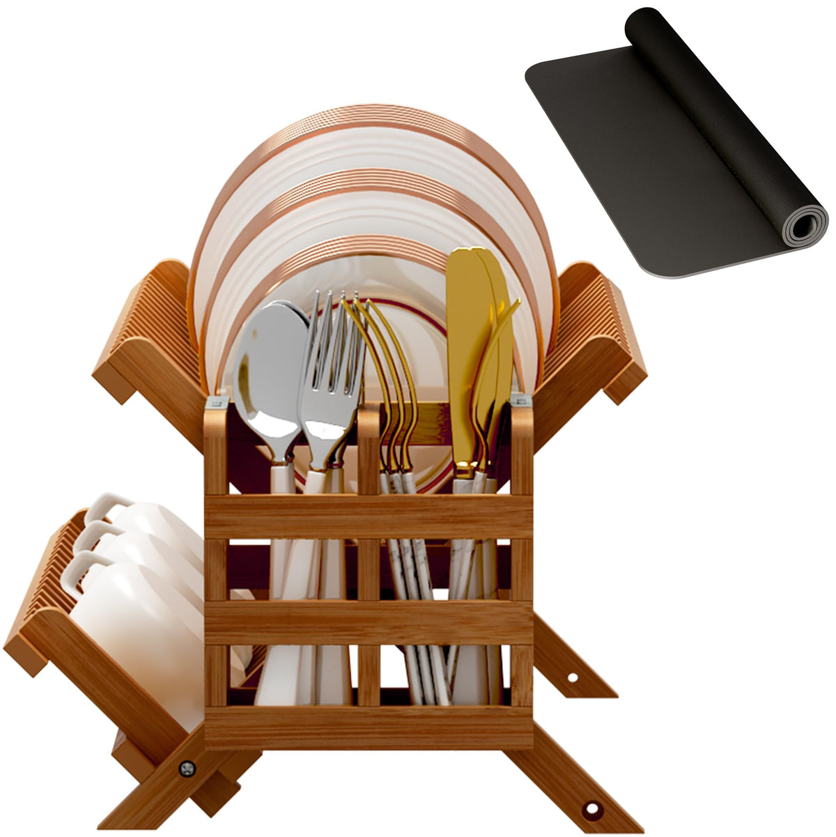 Teak Dish Drying Rack with Utensil Holder
