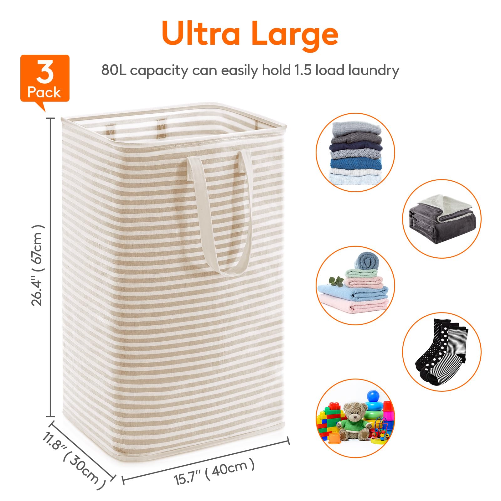 3 Pack Laundry Basket 80L Each (3 Count)