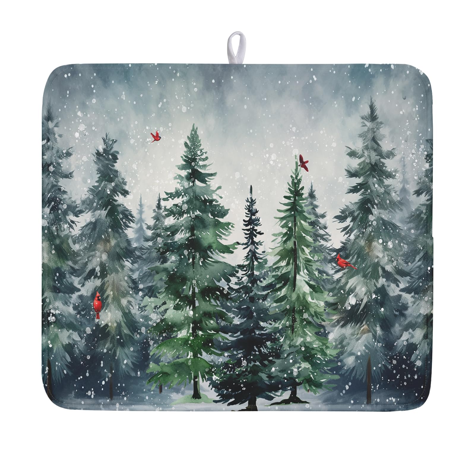 Winter Pine Tree Dish Drying Mat for Kitchen Counter 16x18 Inch Winter Snowflake Xmas Forest Dish Draining Mat Christmas Decorations Fast Absorbent Tableware Dishes Pad for Coffee Bar Countertop
