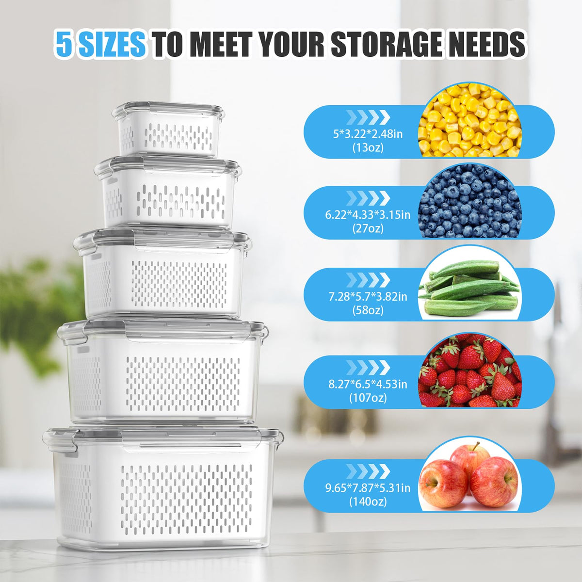 5 Pack Fruit Storage Containers for Fridge (5 Count)