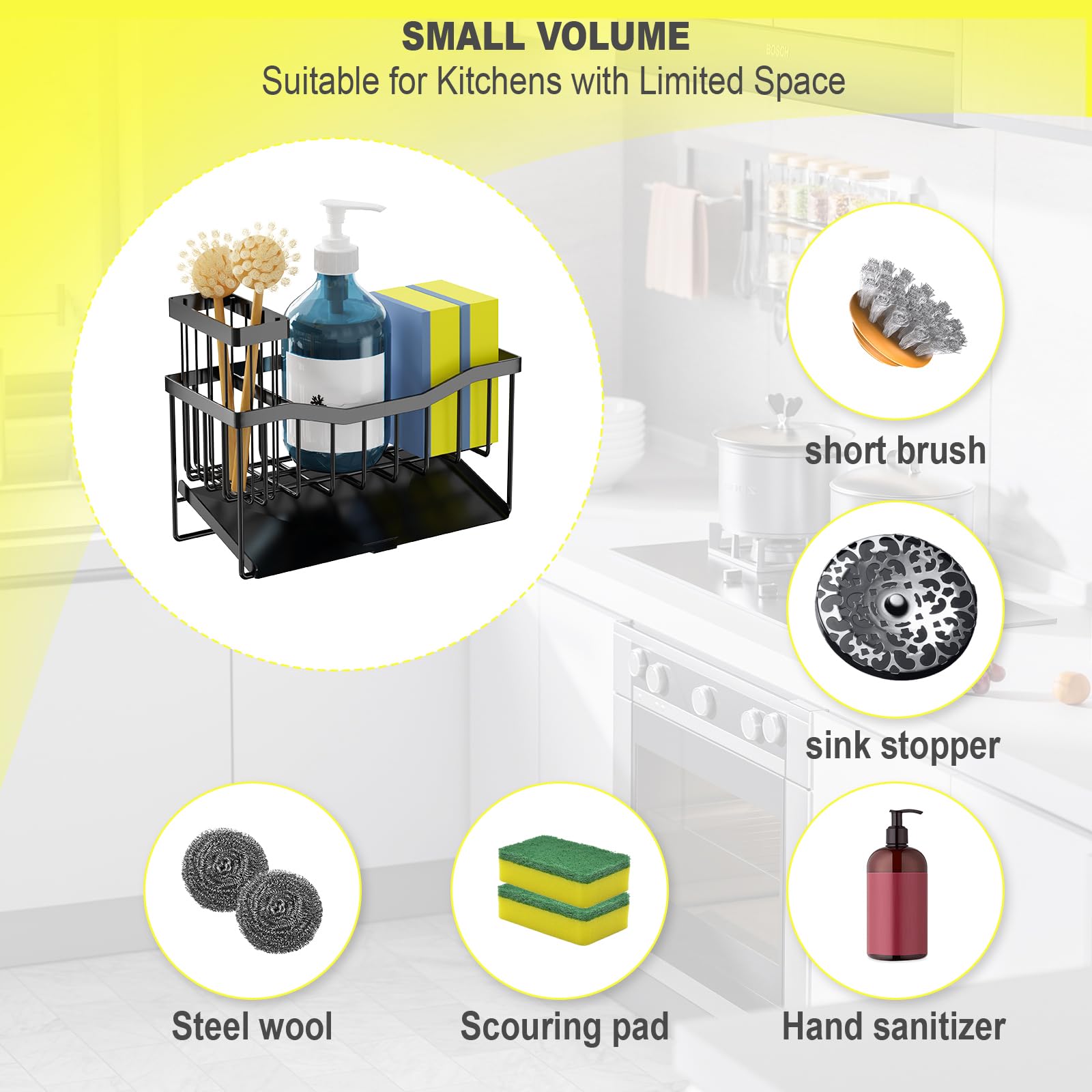 Maifan Sink Caddy Sponge Holder for Kitchen with Brush Holder and Stainless Steel Self Drain Tray