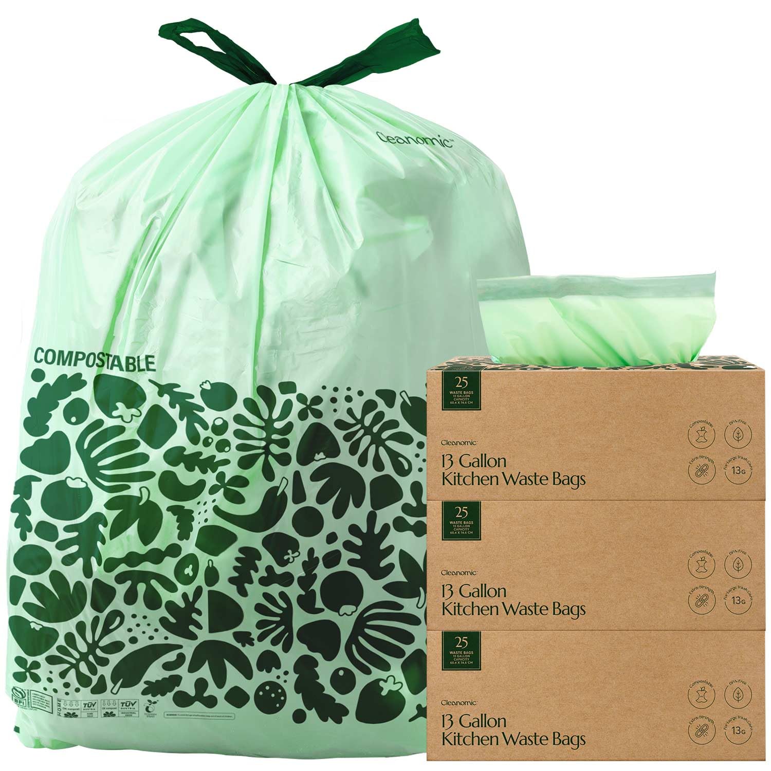 Compostable* 13 Gallon Waste Bags with Drawstring (75 Count)