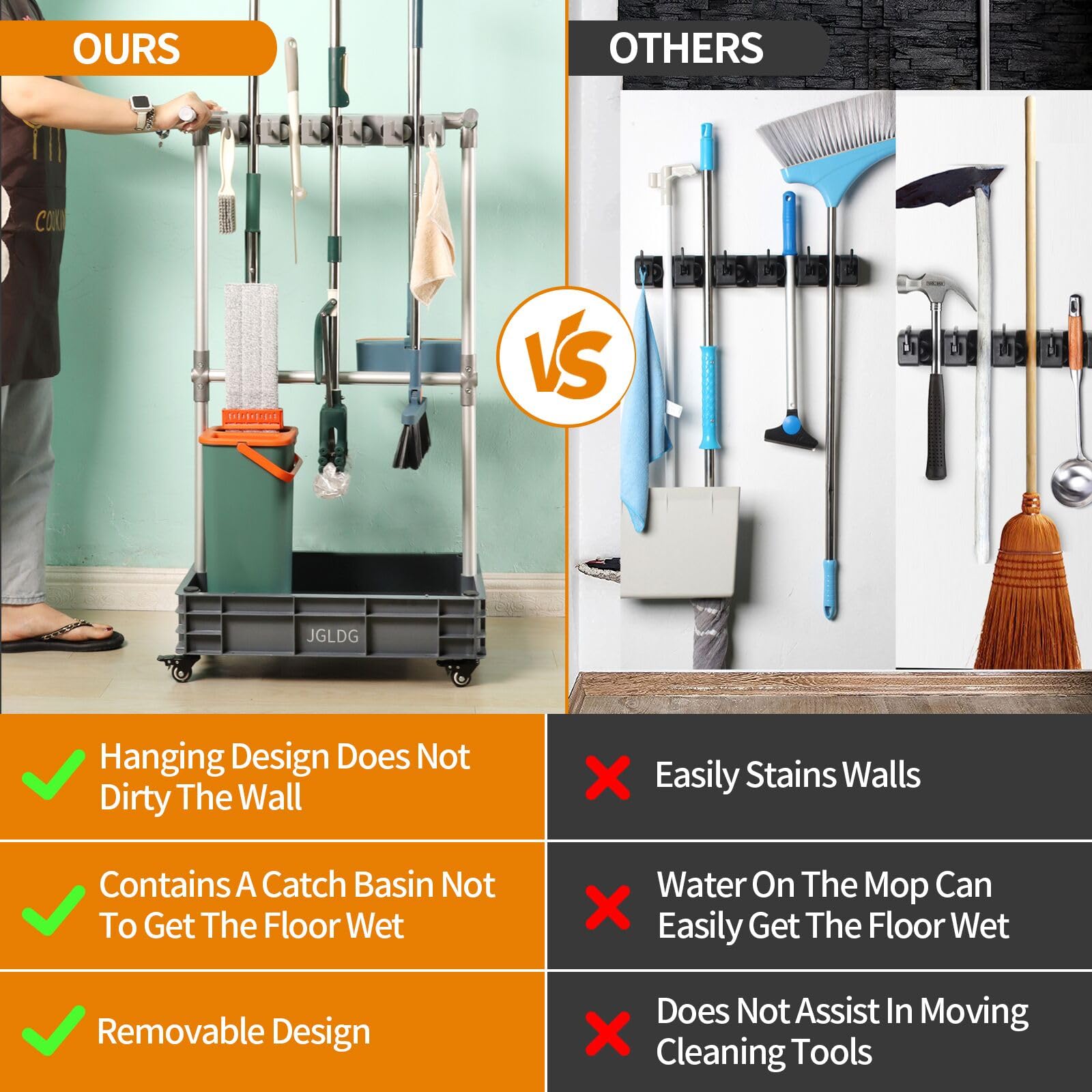 Broom mop Holder Cleaning Supplies Organizer Janitor carts on Wheels Housekeeping Station Storage Tools for Garage