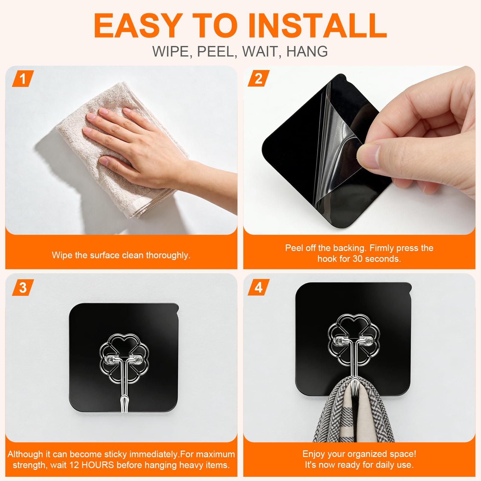 Black Heavy Duty Adhesive Hooks 2026 Upgraded 50lbs（Max） Sticky Wall Hooks for Hanging 12 Pack No Damage Hook Strong Waterproof Bathroom (12 Count)