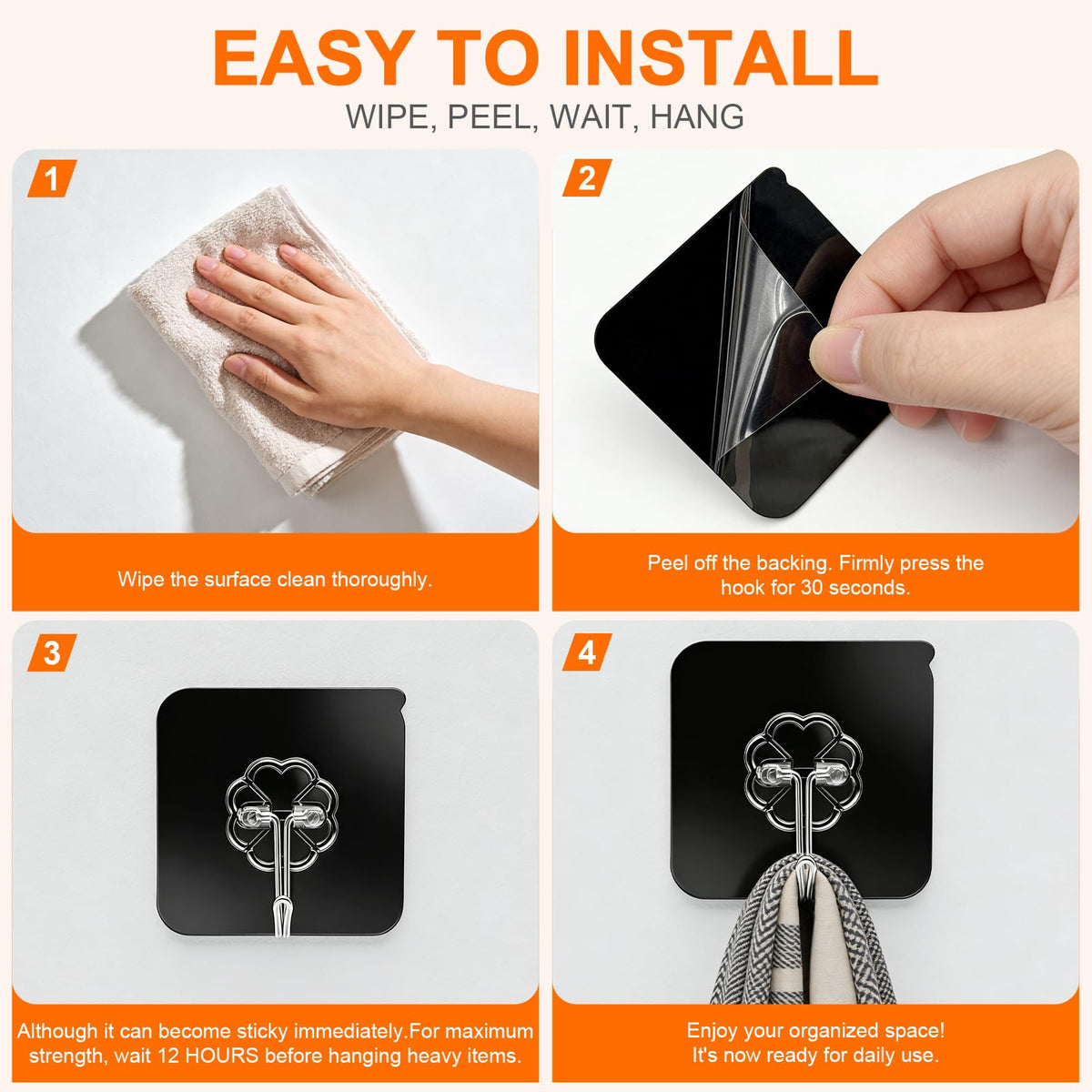 100 Pack Adhesive Wall Hooks 50LB Heavy Duty Black Sticky Hook (100 Count)