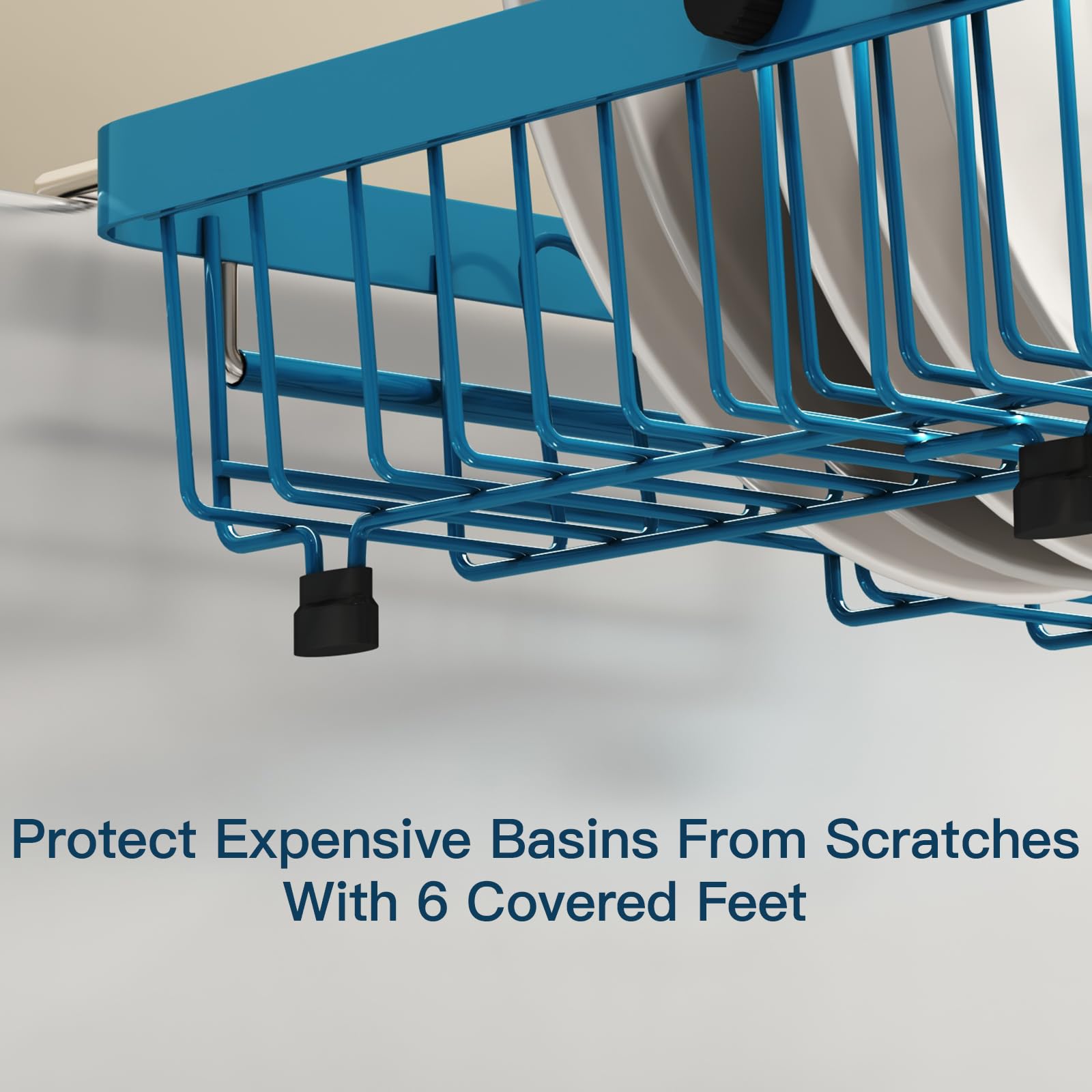 Blue Dish Drying Rack Over The Sink with Utensil Holder