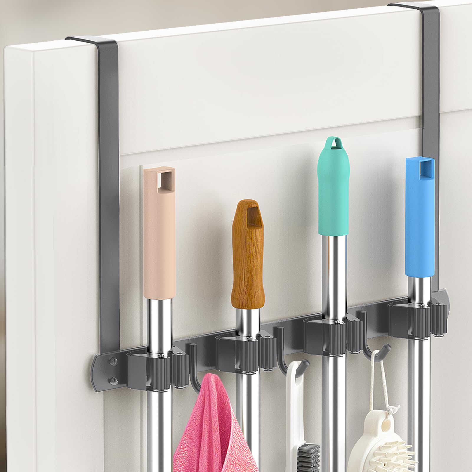 Broom Holder Over The Door with Hooks