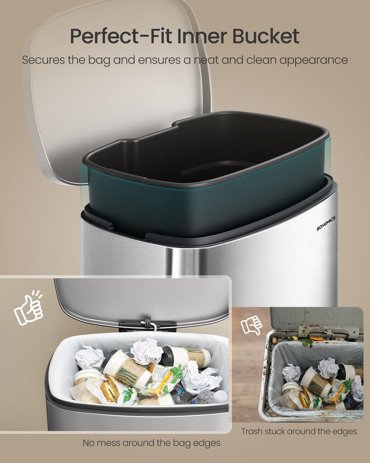 20-Gallon (75 L) Trash Can, Stainless Steel Kitchen Garbage Can, Recycling or Waste Bin, Soft Close, Step-On Pedal, Removable Inner Bucket, Silver ULTB075EZ01