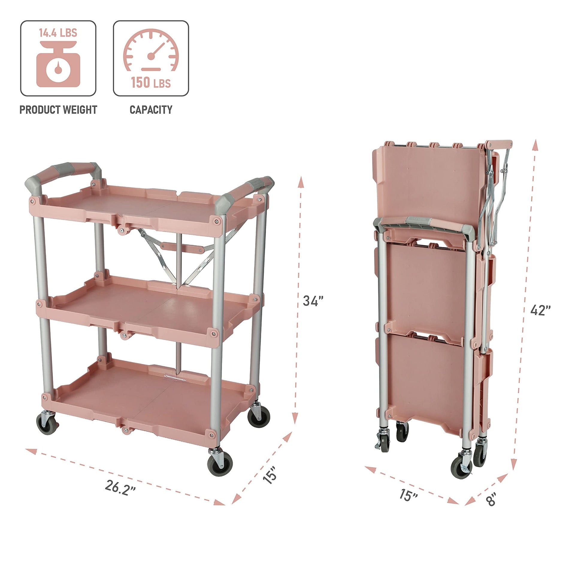 89-350 Pack-N-Roll Folding Collapsible Service Cart, 150LB Capacity, Rose