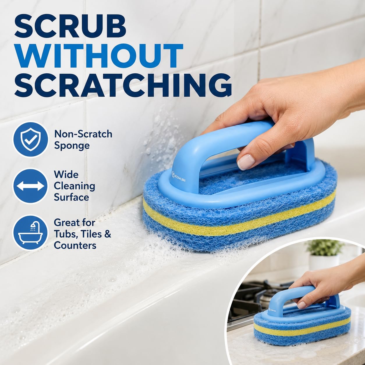Scrub Brush Set for Bathroom Kitchen Bathtub Toilet Deep Cleaning Brush Tools All Purpose Cleaner Sponge Scrubbing Brushes with Ergonomic Handle (4 Count)