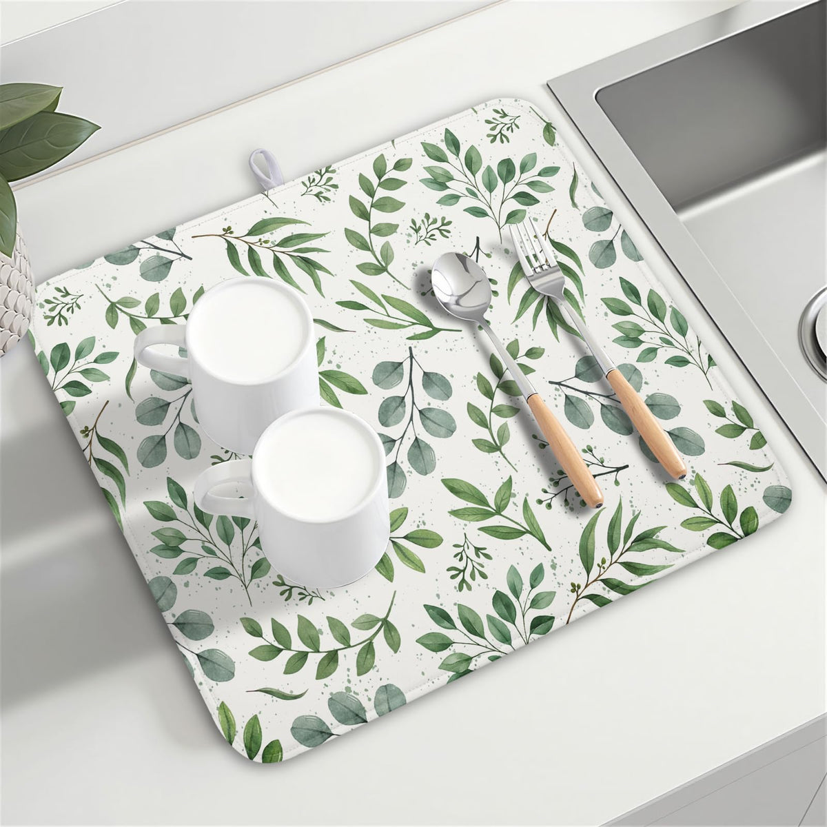 Sage Green Dish Drying Mat 16x18 In Absorbent Reversible Eucalyptus Leaves Plant Drying Mat Green Plant Dish Drying Rack Mat Spring Summer Themed Dish Drainer Mat for Kitchen Counter Coffee Bar
