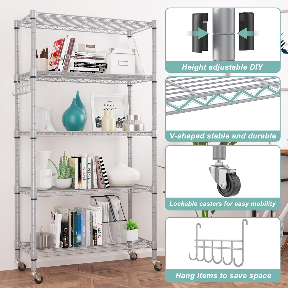 5 Tier Storage Shelf Wire Shelving Unit on Wheels (5 Count)