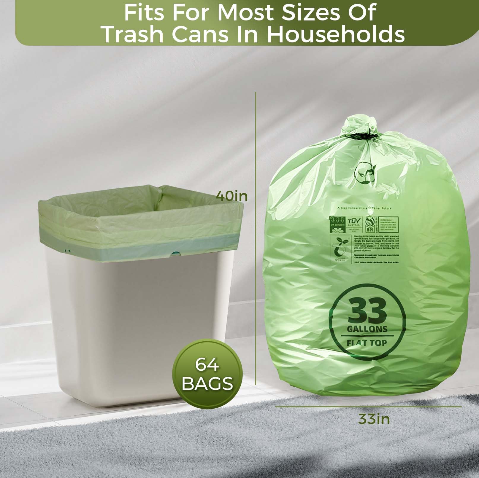 30 33 Gallon Compostable Trash Bags with Flat (30 Count)