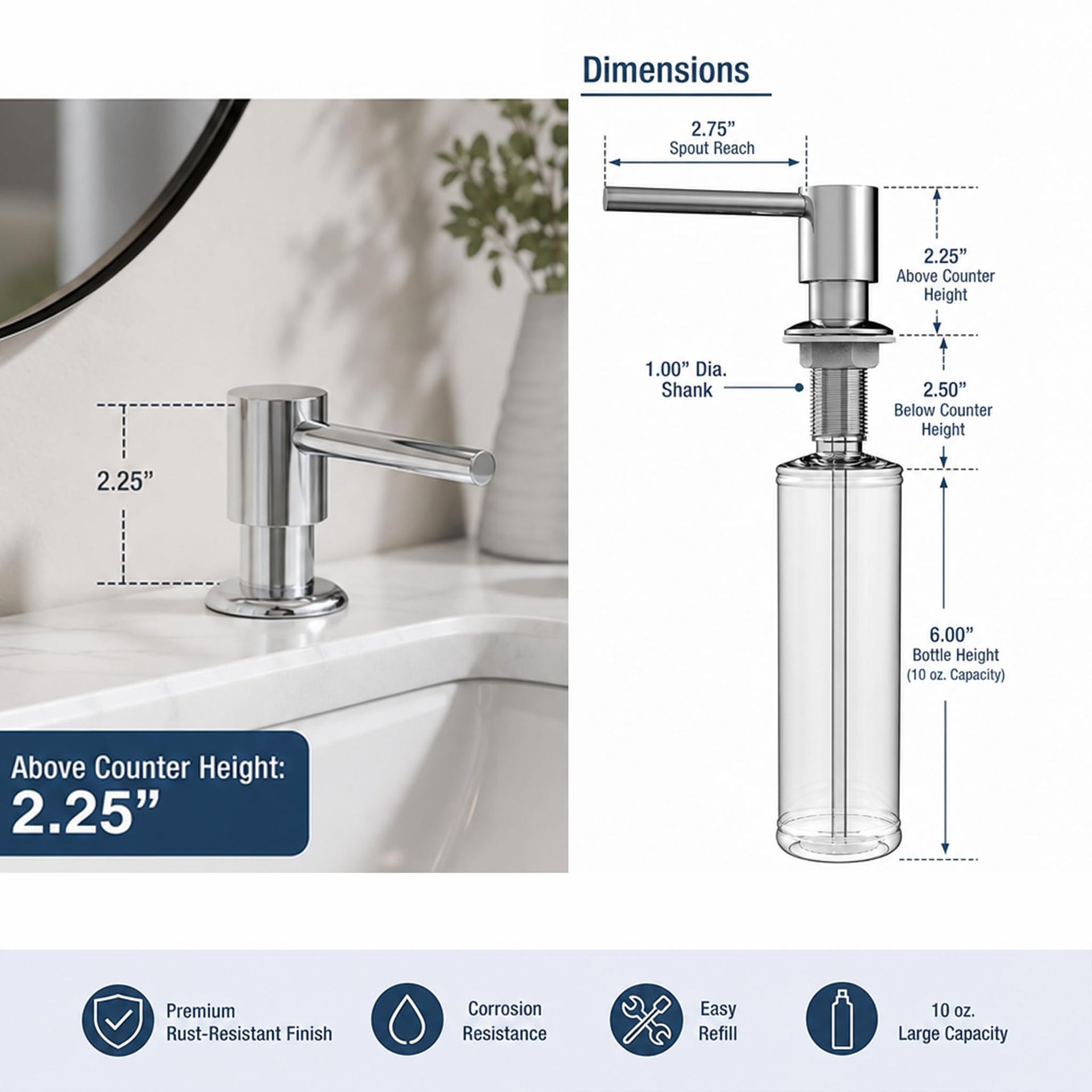 304 Stainless Steel Kitchen Sink Soap Dispenser 10 oz