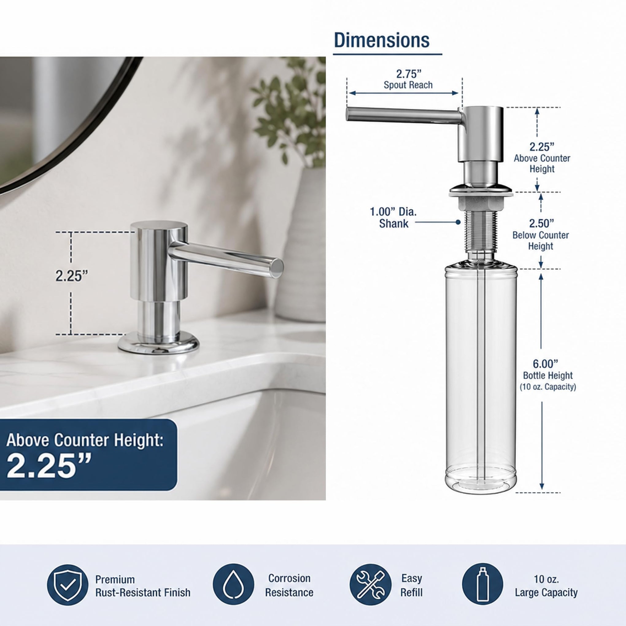 304 Stainless Steel Kitchen Sink Soap Dispenser 10 oz